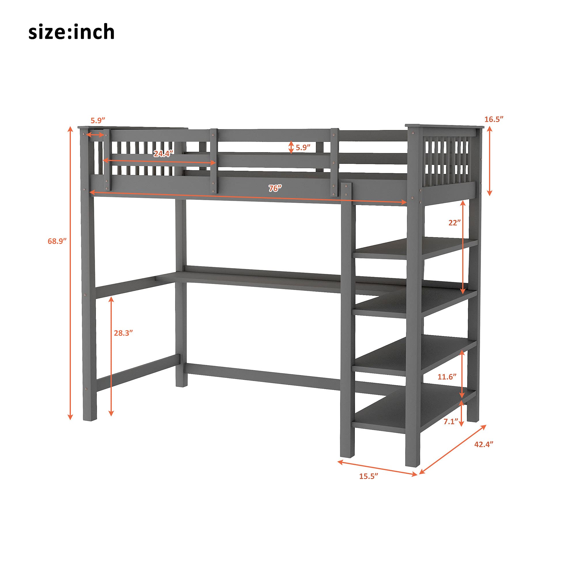 **Wooden Loft Bed with Storage Shelves & Under-Bed Desk - Full-Length Guardrail & Built-in Ladder - Space-Saving Bed for Kids, Teens & Adults (Gray) - Perfect for Small Rooms, Dorms & Apartments**