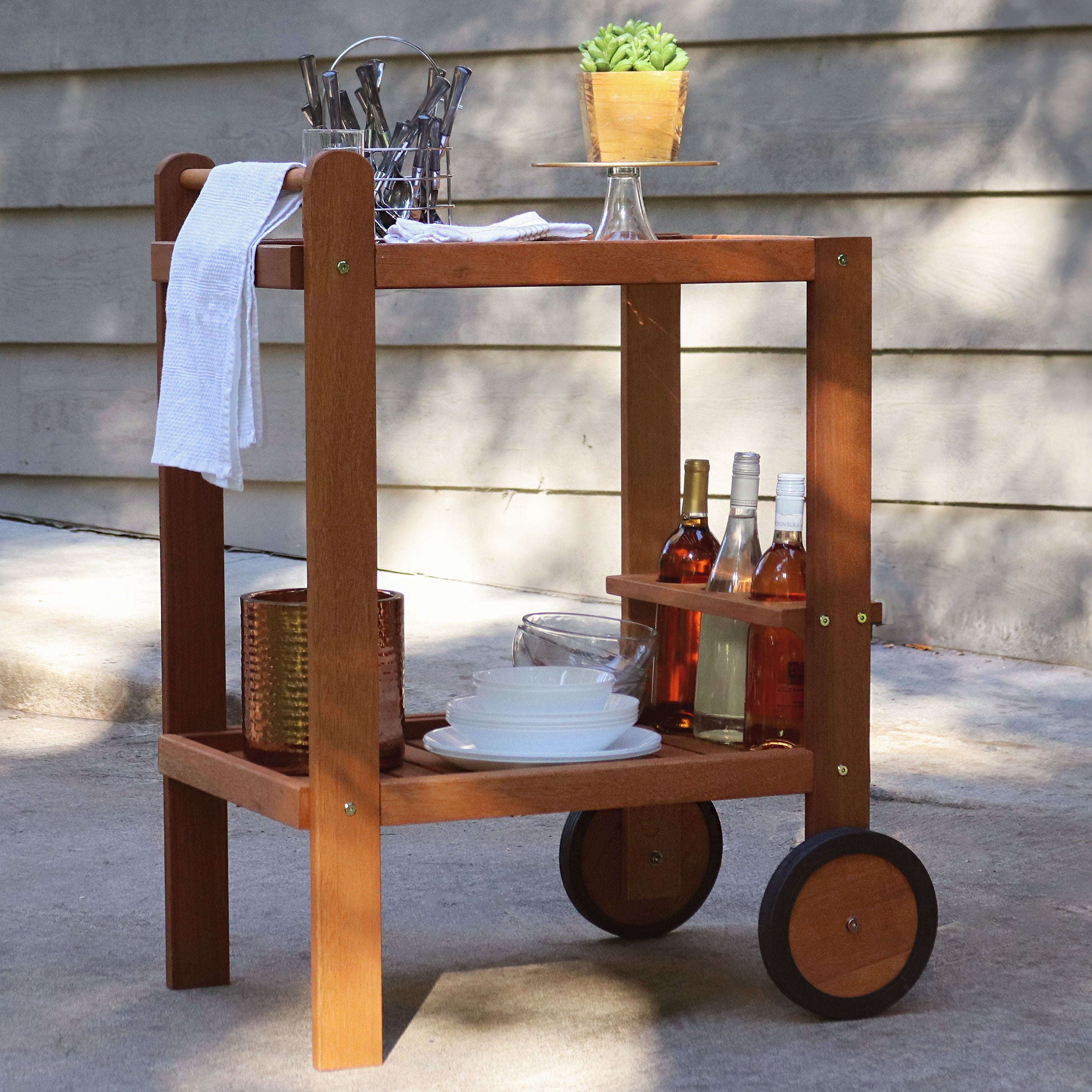 Sunnydaze Outdoor Wood Bar Cart with Wheels - Malaysian Hardwood Rolling Drink Cart for Patio, Garden, Poolside & Backyard Entertaining