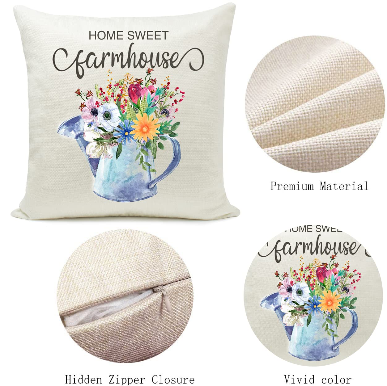 Farmhouse Spring Pillow Covers Set of 4 - 18x18 Inch Blue Truck & Bicycle Floral Design Decorative Throw Pillow Cases for Sofa, Bedroom, Living Room | Seasonal Home Décor & Cozy Interior Styling