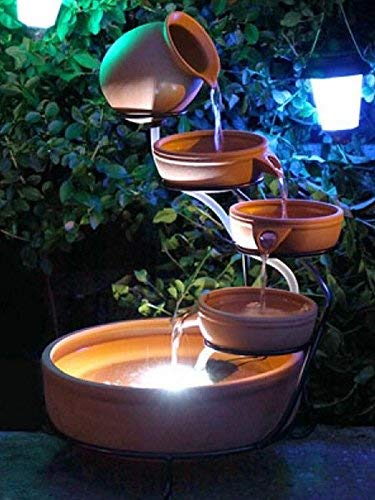 5-Tier Solar Water Fountain with Ceramic Bowls & Iron Frame - Cascading Garden Decoration for Birds - Includes Solar Panel Pump, Battery & LED Lights (Terracotta) | Perfect for Outdoor Patio, Yard Decor & Bird Bathing Spot