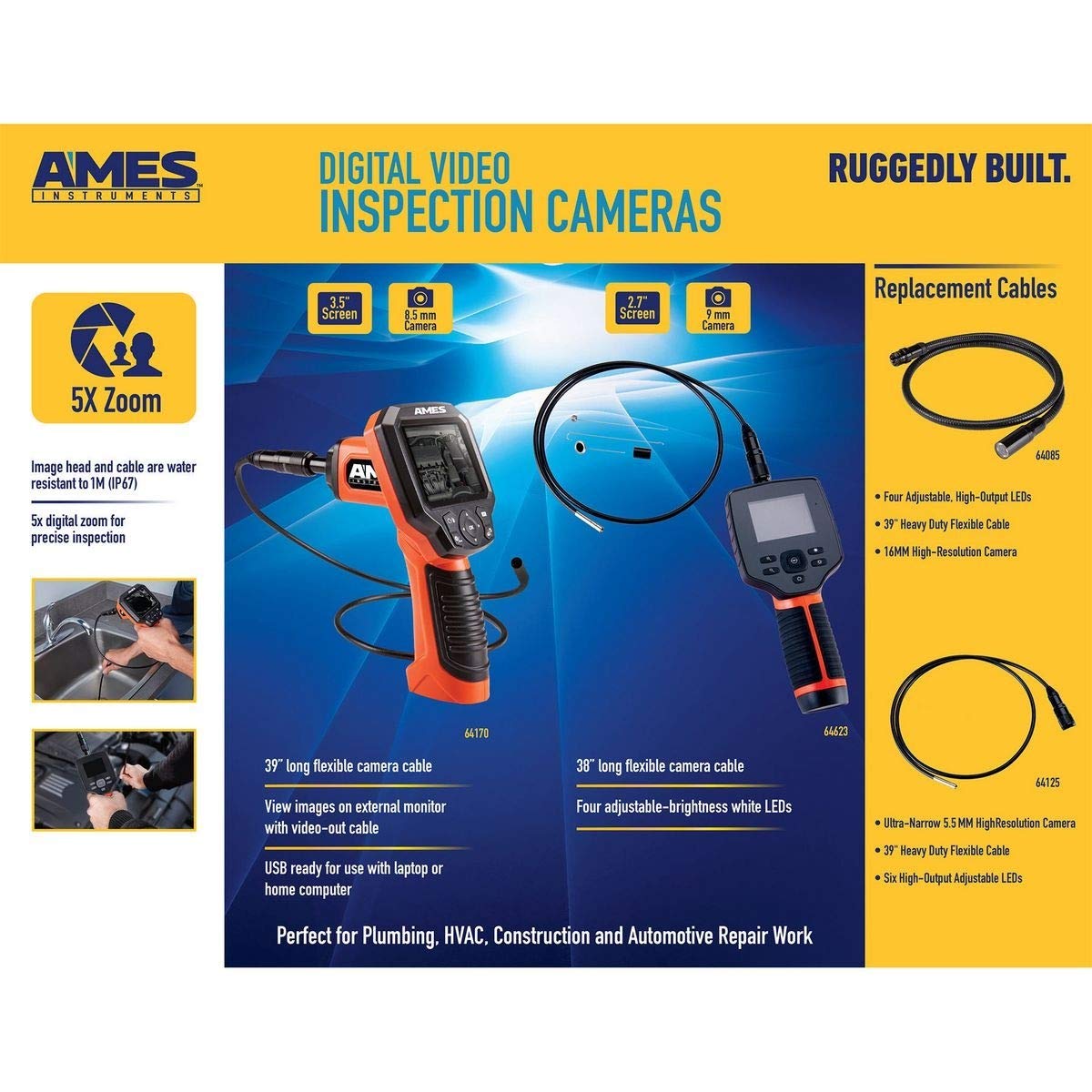 2.7 Inch Color Compact Digital Inspection Camera with LED Light - Waterproof Endoscope for Plumbing, Automotive, HVAC & Home Repairs