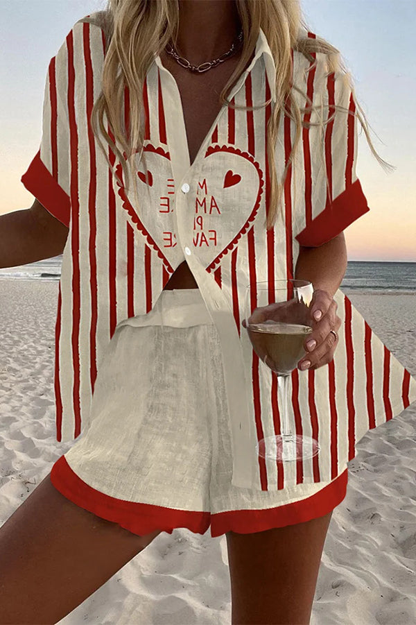 Striped Heart Print Loose Button Elastic Waist Shorts Set - Women's Casual Summer Outfit for Beach, Vacation & Streetwear Fashion