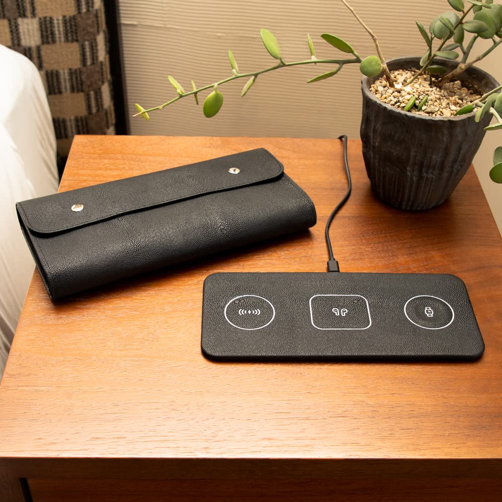 Brouk and Co ACE 3-in-1 Portable Wireless Fast Charging Pad (15W) - Compatible with iPhone, Samsung & Android Devices - Vegan Leather Charging Station for Phone, Watch & Headphones | Perfect for Home, Office & Travel Use