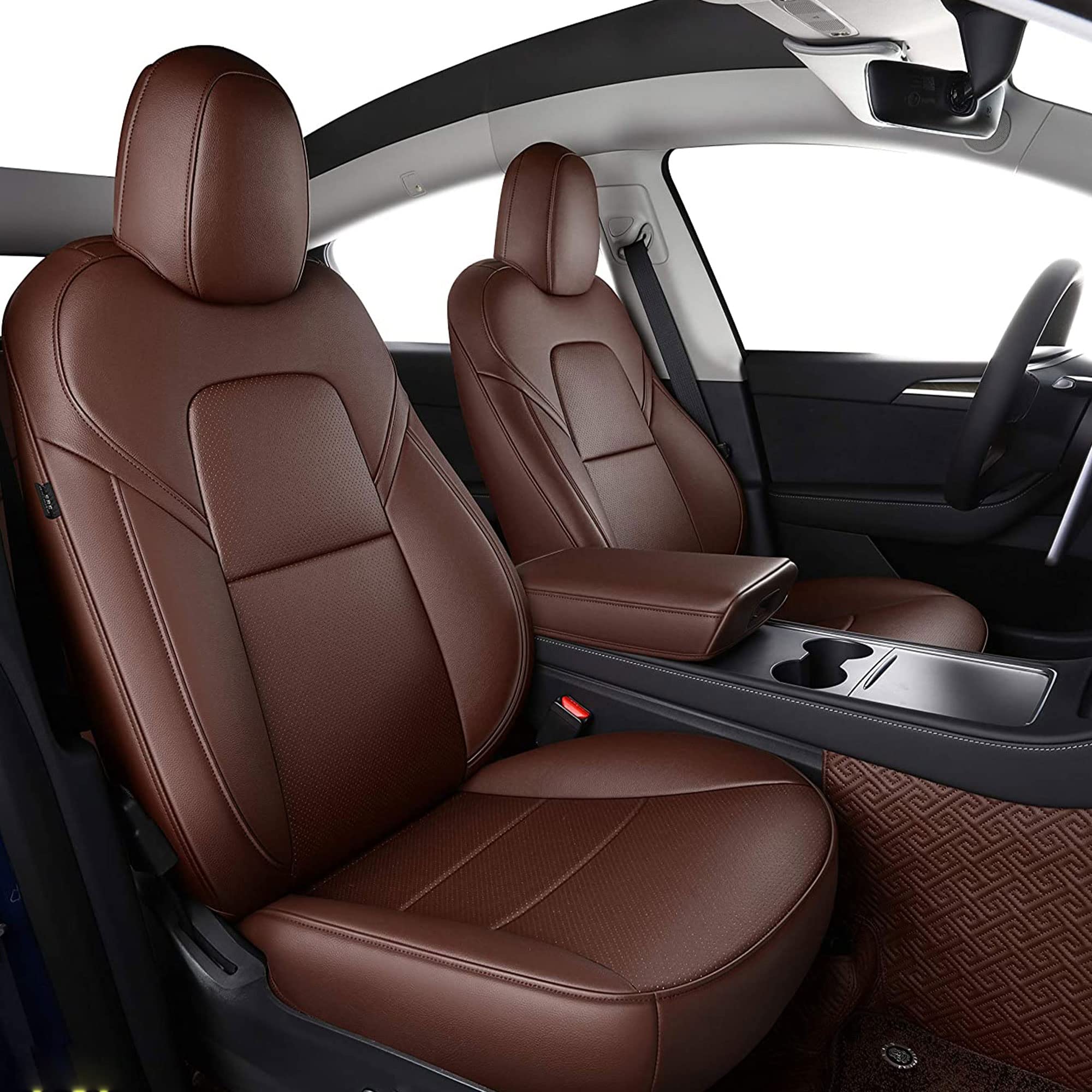 Premium Tesla Model Y Seat Covers (2020-2024) - 5-Seat Custom Fit Synthetic Leather Car Seat Protectors - Lichi Brown - Waterproof & Anti-Slip Design for Enhanced Comfort & Durability - Perfect for Daily Commuting, Road Trips & Family Protection