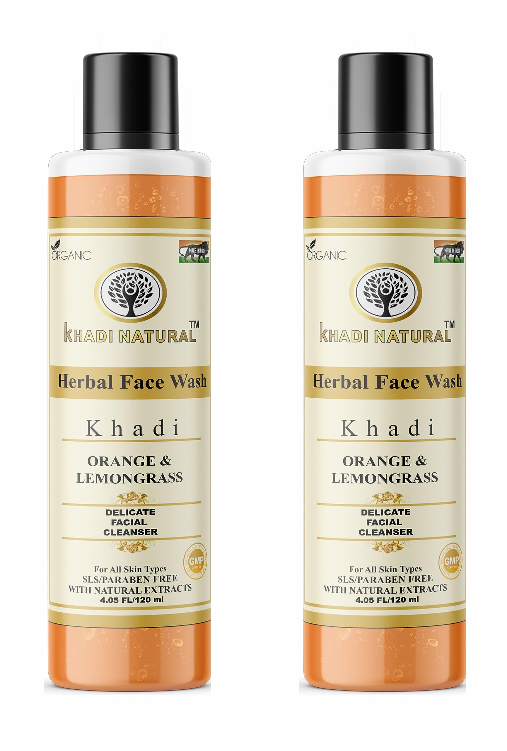 Khadi Natural Orange & Lemongrass Herbal Face Wash for Dry Skin - Organic & Chemical-Free Cleanser for Healthy Glowing Skin (2 Pack, 120ml) - Perfect for Morning & Night Skincare Routine