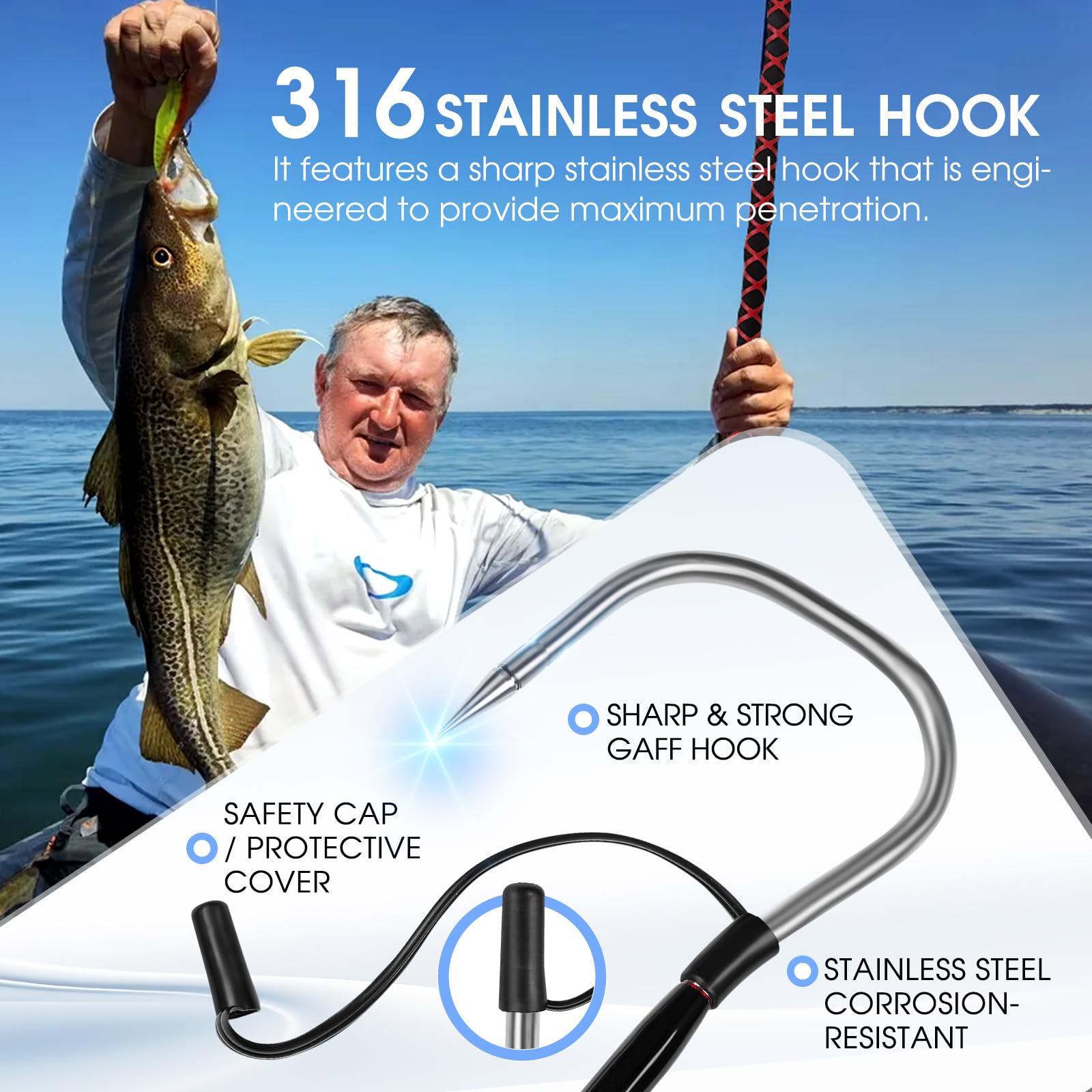 **Saltwater Fishing Gaff with S316 Stainless Steel Hook & Carbon Fiber Pole – Heavy Duty Fish Gaff for Deep Sea, Boat, and Offshore Fishing**