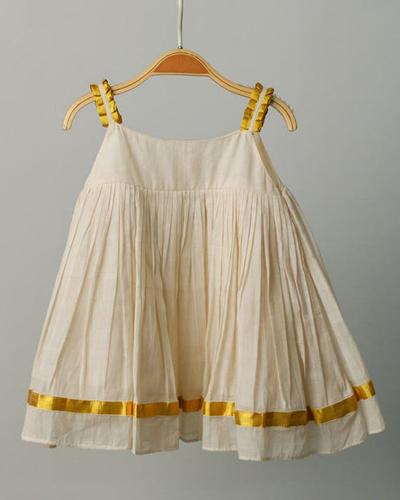 Off-White Gold Cotton Kids Frock Dress - Elegant & Comfortable Girls' Party Wear for Special Occasions