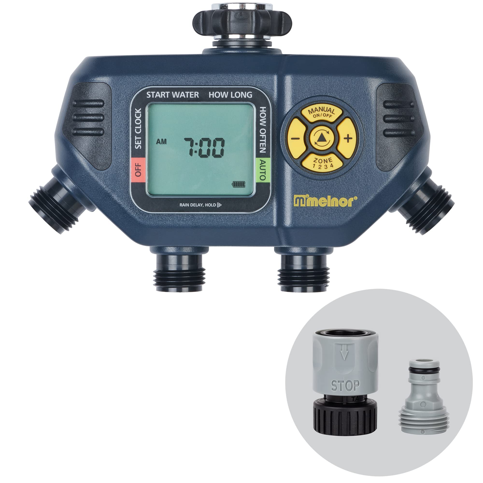 Melnor 65140AMZ 4-Zone Digital Water Timer for Garden Irrigation - Black & Yellow | Automatic Sprinkler System Controller for Lawns, Plants & Outdoor Watering