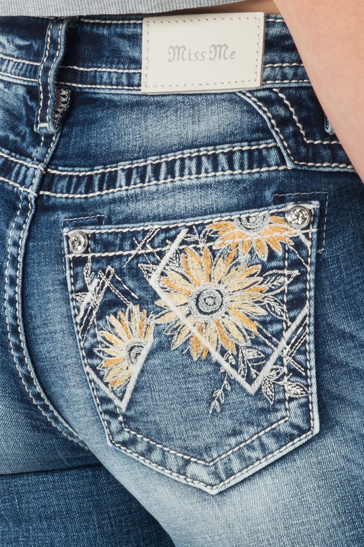 Miss Me Women's Mid Rise Sunflower Floral Denim Shorts with Frayed Hem - Casual Summer Outfit for Beach, Vacation and Street Style