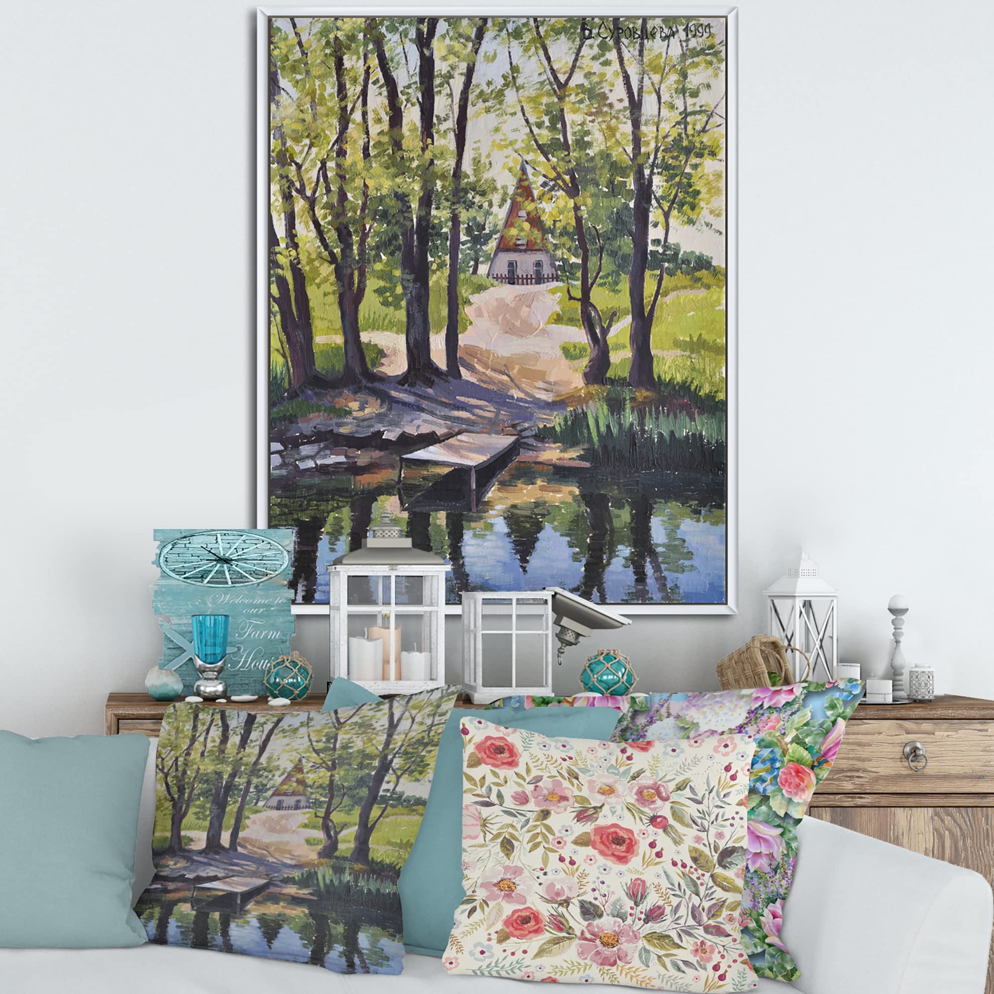 Mysterious Lake House By The River - Framed Canvas Wall Art Print for Living Room, Bedroom & Office Decor | Nature Landscape Painting | DesignQ