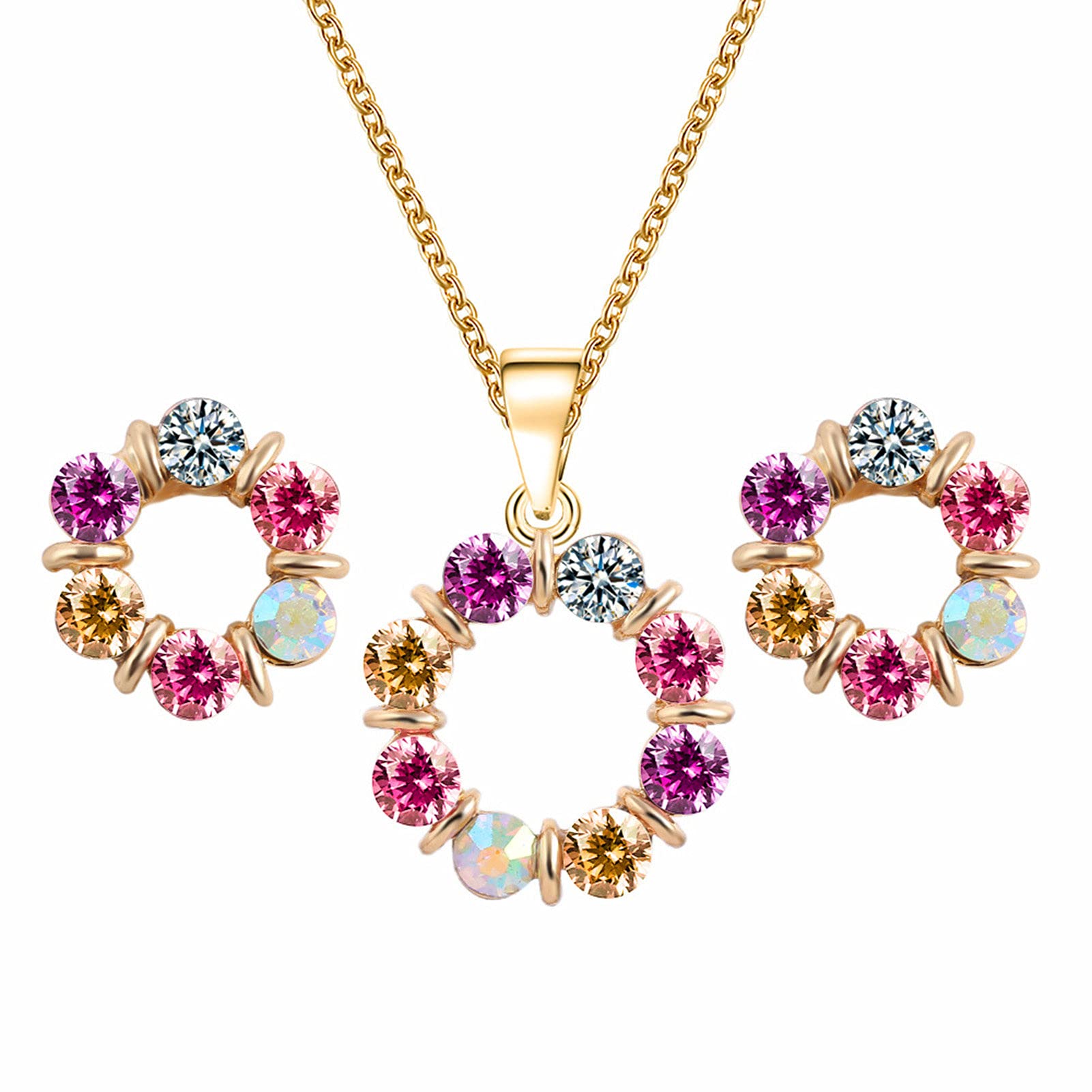 Elegant Bridal Jewelry Set for Women - Pendant Necklace, Earrings & Ring - Valentine's Day, Anniversary, Birthday & Wedding Gift - Colorful Rhinestone Round Necklace - Perfect for Weddings, Parties & Special Occasions