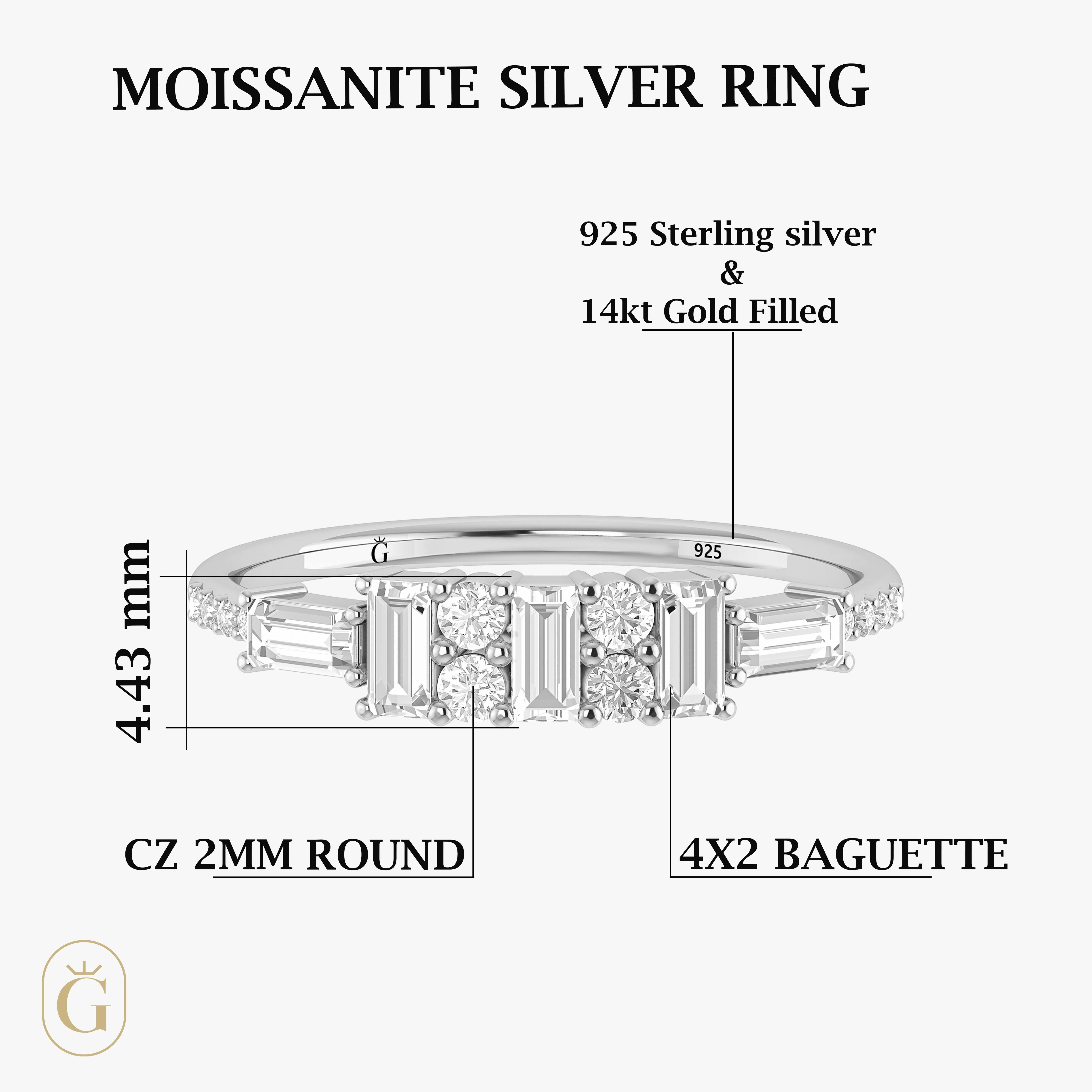 Elegant Baguette Cut Tri Cubic Zirconia & Round Zirconia Ring for Women | Wedding, Engagement, Anniversary Gift | Dainty Stackable Jewelry for Everyday Wear
