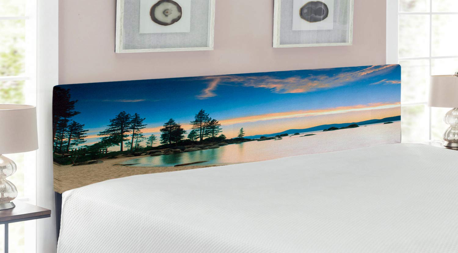 Ambesonne King Size Upholstered Headboard - Paradise Beach Sunrise Landscape with Trees, Blue Cream Memory Foam Decorative Metal Bed Headboard | Perfect for Coastal, Boho & Master Bedroom Decor
