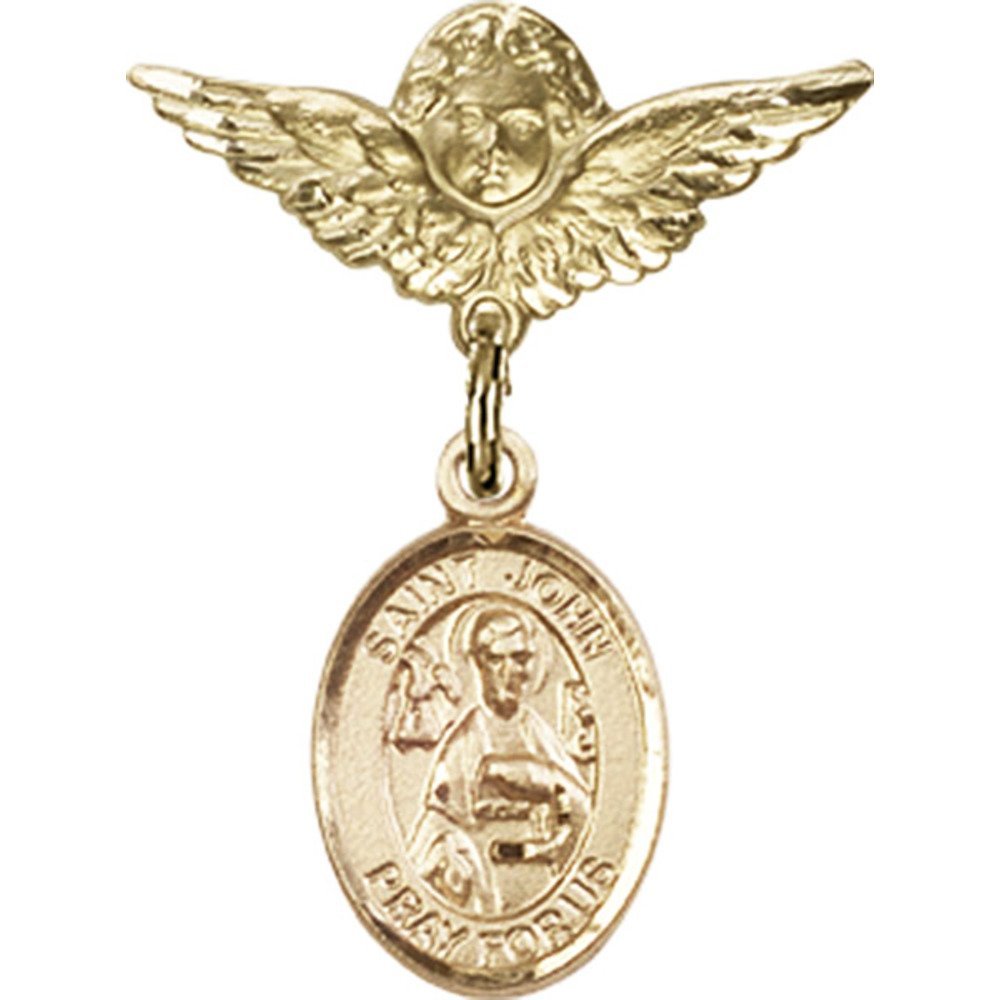 St. John The Apostle Gold Filled Baby Badge Pin with Angel Wings Charm - 1 x 3/4 Inch Religious Jewelry for Christening, Baptism & First Communion Gifts