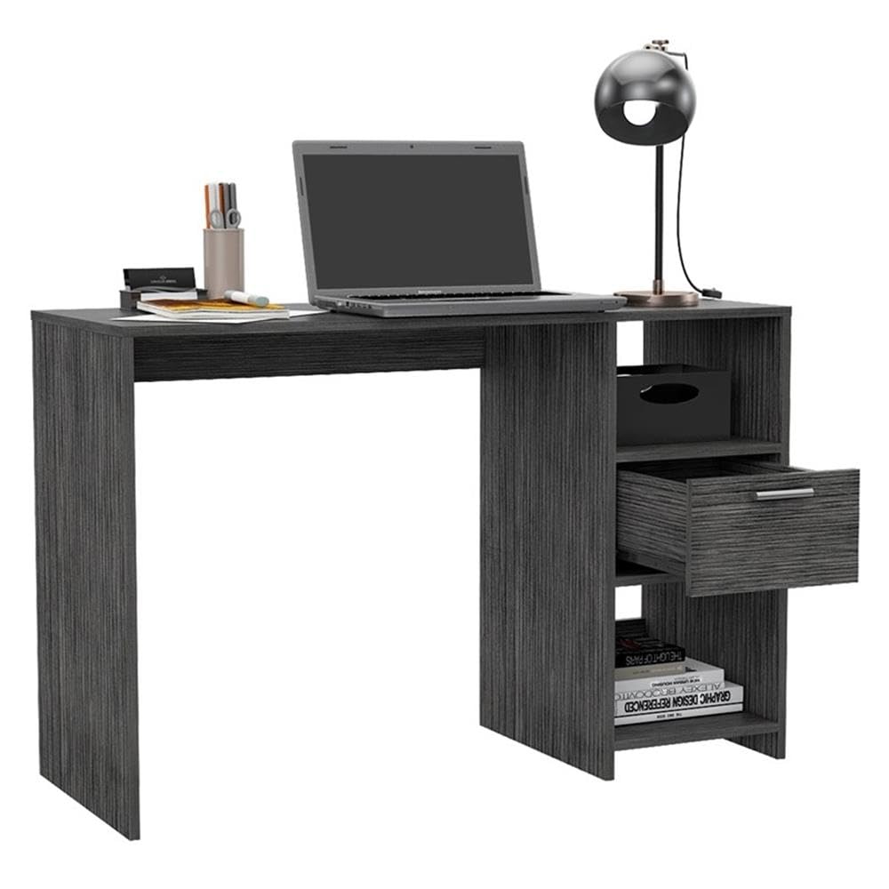 Arlington Computer Desk with Drawer, 2 Open Storage Shelves & Sturdy Legs - Smokey Oak Finish for Home Office, Study Room & Small Spaces
