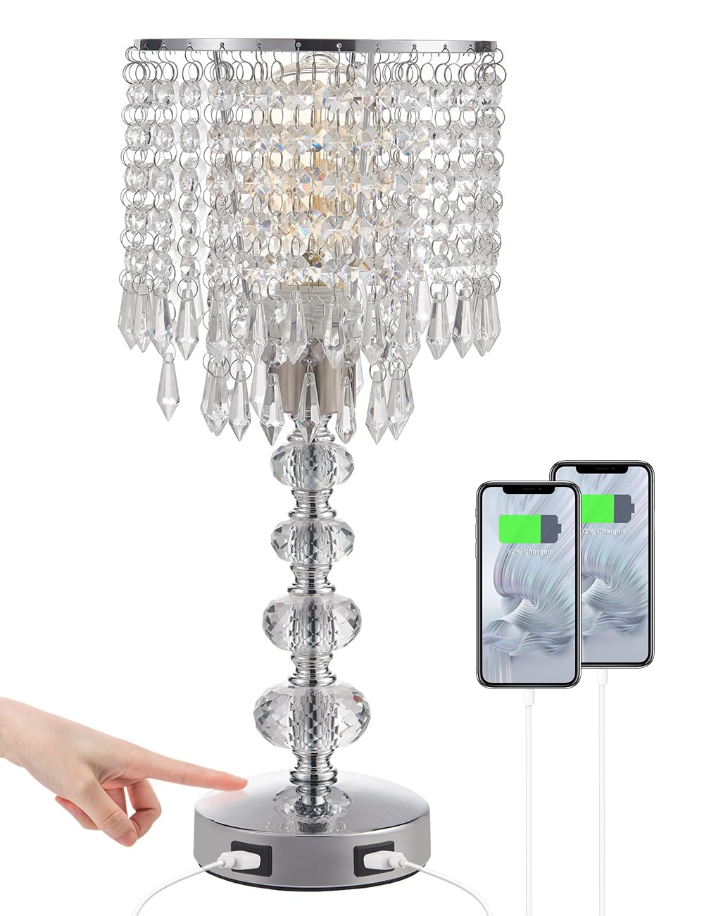 Acaxin Crystal Table Lamp with USB Charging Ports - 3-Way Dimmable Nightstand Lamp for Bedroom, Living Room & Office | Silver Touch Control Glam Lamp for Girls | Perfect for Reading, Relaxing & Charging Devices