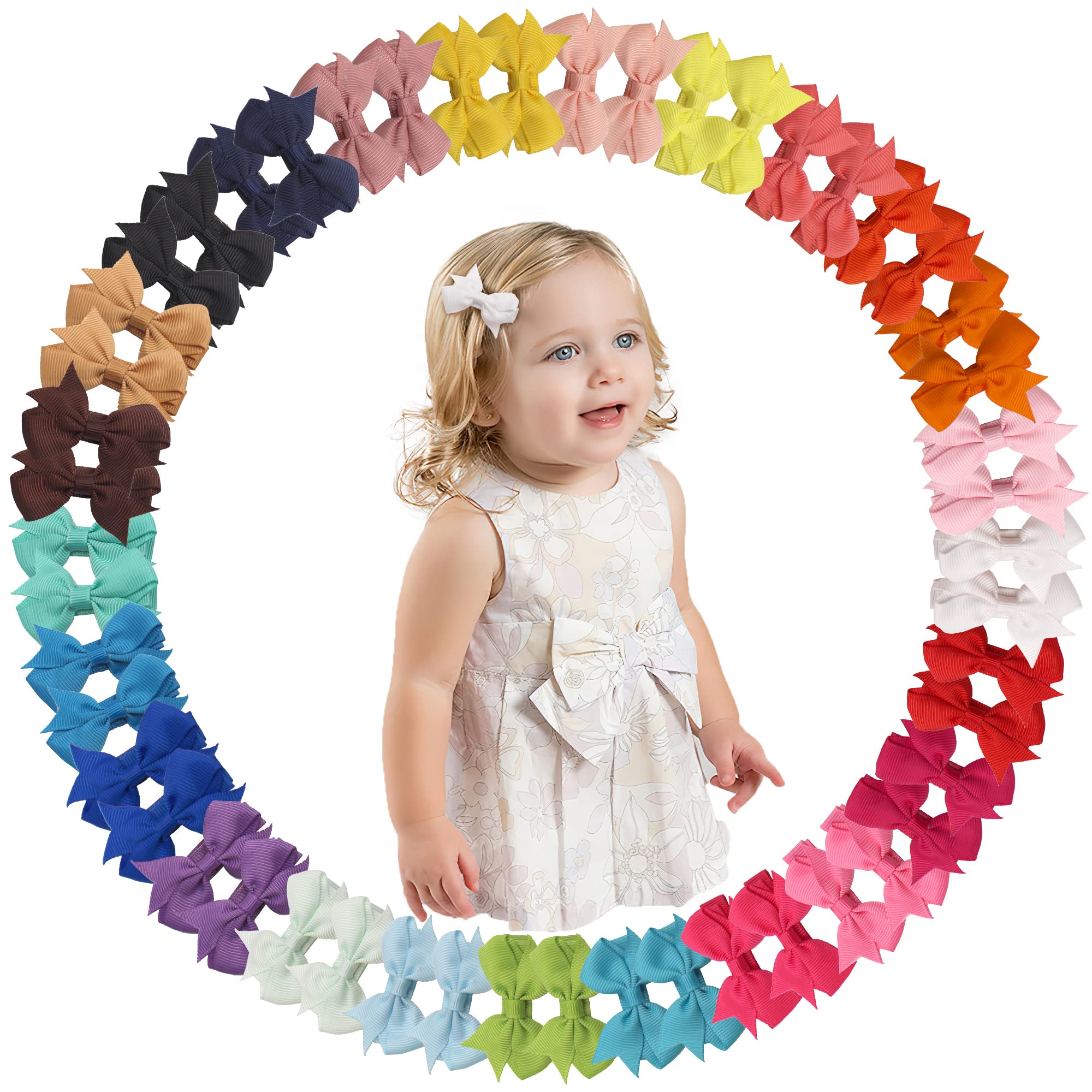 50 Pcs 2 Inch Tiny Hair Bows for Girls - Grosgrain Ribbon Pinwheel Hair Clips for Baby, Toddler & Kids - Perfect for Parties, School, Photos & Daily Outfits