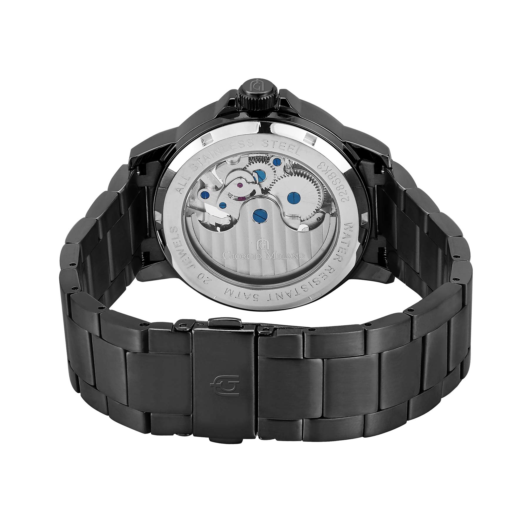 Giorgio Milano Men's Automatic Self-Winding Skeleton Watch - Stainless Steel Case with See-Through Glass Back & Bracelet with Push-Button Clasp - Perfect for Business, Formal Events & Luxury Gift Giving