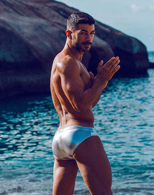 2Eros MetaLux Silver Swim Brief V30 - Men's Fashion Swimwear for Beach & Pool - High Waist Comfortable Swim Trunks for Vacation, Gym & Water Sports