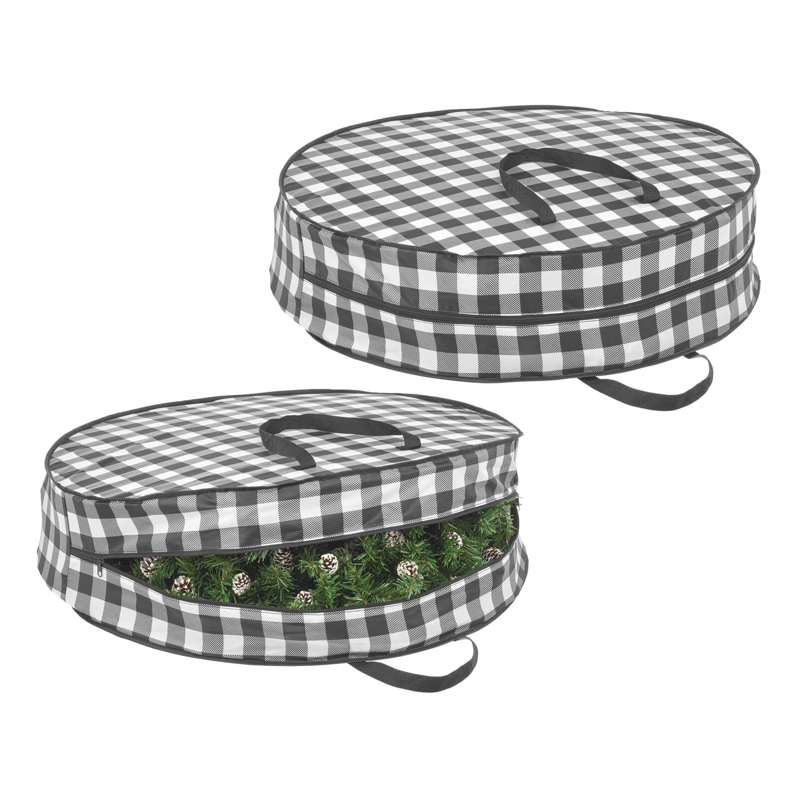 mDesign 30-Inch Round Wreath Storage Container with Handles - 2 Pack Buffalo Plaid Fabric Holiday Organizer for Christmas Wreaths, Garlands & Decorations - Perfect for Seasonal Decoration Storage & Protection