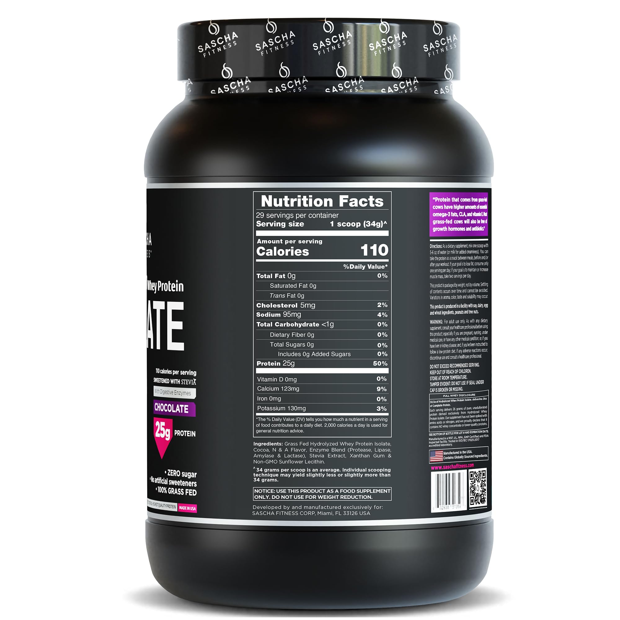 SASCHA FITNESS Hydrolyzed Whey Protein Isolate Powder - 100% Grass-Fed, Low Carb, Keto Friendly (2 lb, Chocolate Flavor) for Muscle Recovery & Post-Workout Nutrition