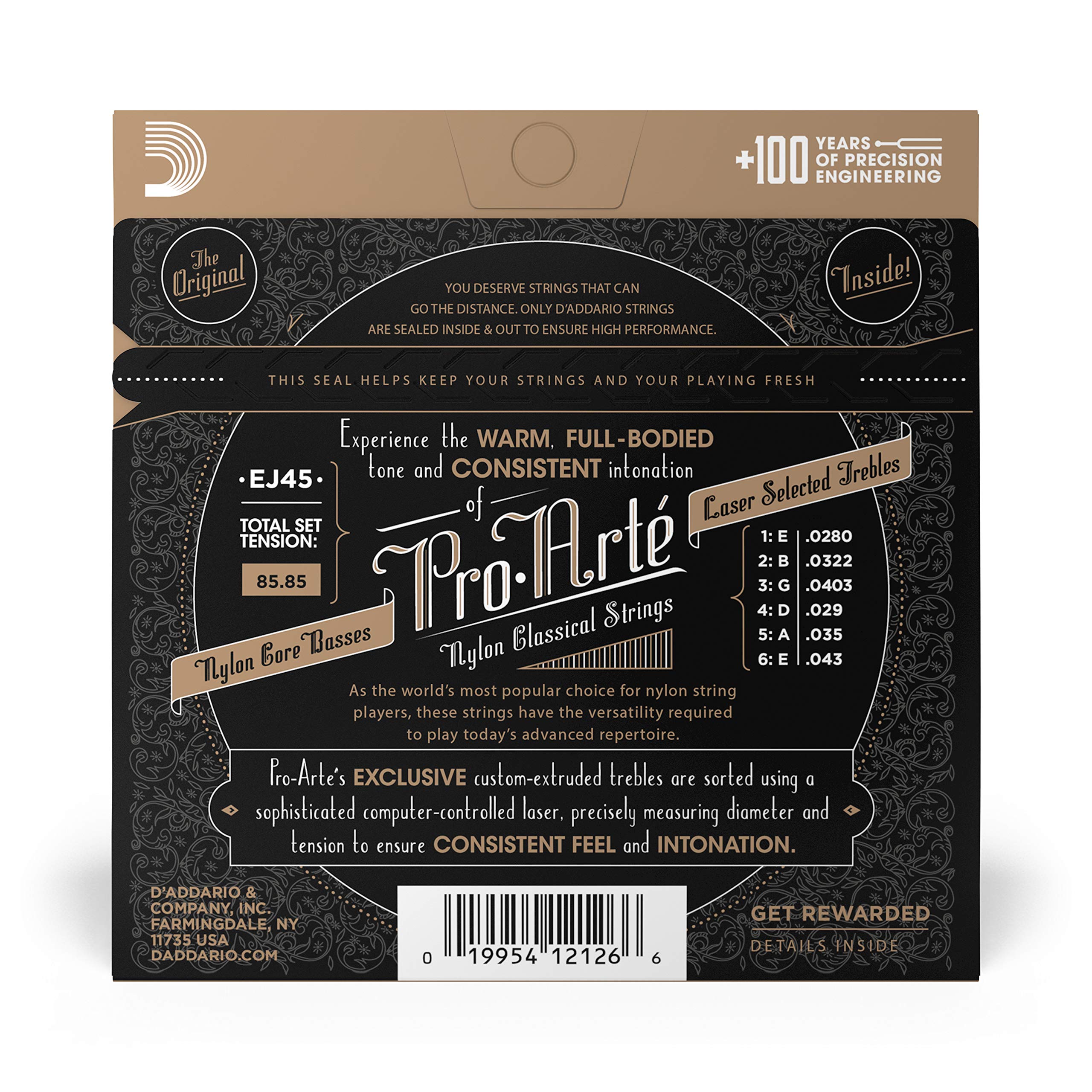 D'Addario EJ45 Pro-Arte Nylon Classical Guitar Strings - Normal Tension with Nylon Core Basses & Laser Selected Trebles | Balanced Volume & Comfortable Playability | Perfect for Classical, Flamenco & Fingerstyle Guitarists