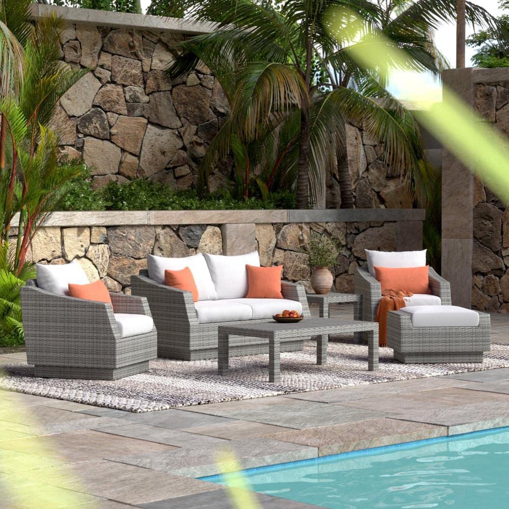 RST Brands Cannes 6-Piece Outdoor Patio Furniture Set - Sunbrella Fabric Loveseat & Club Chairs with Side Tables, Adjustable Feet & Fade-Resistant Cushions - Resin Wicker Conversation Set in Ginkgo Green for Backyard, Garden or Poolside Relaxation