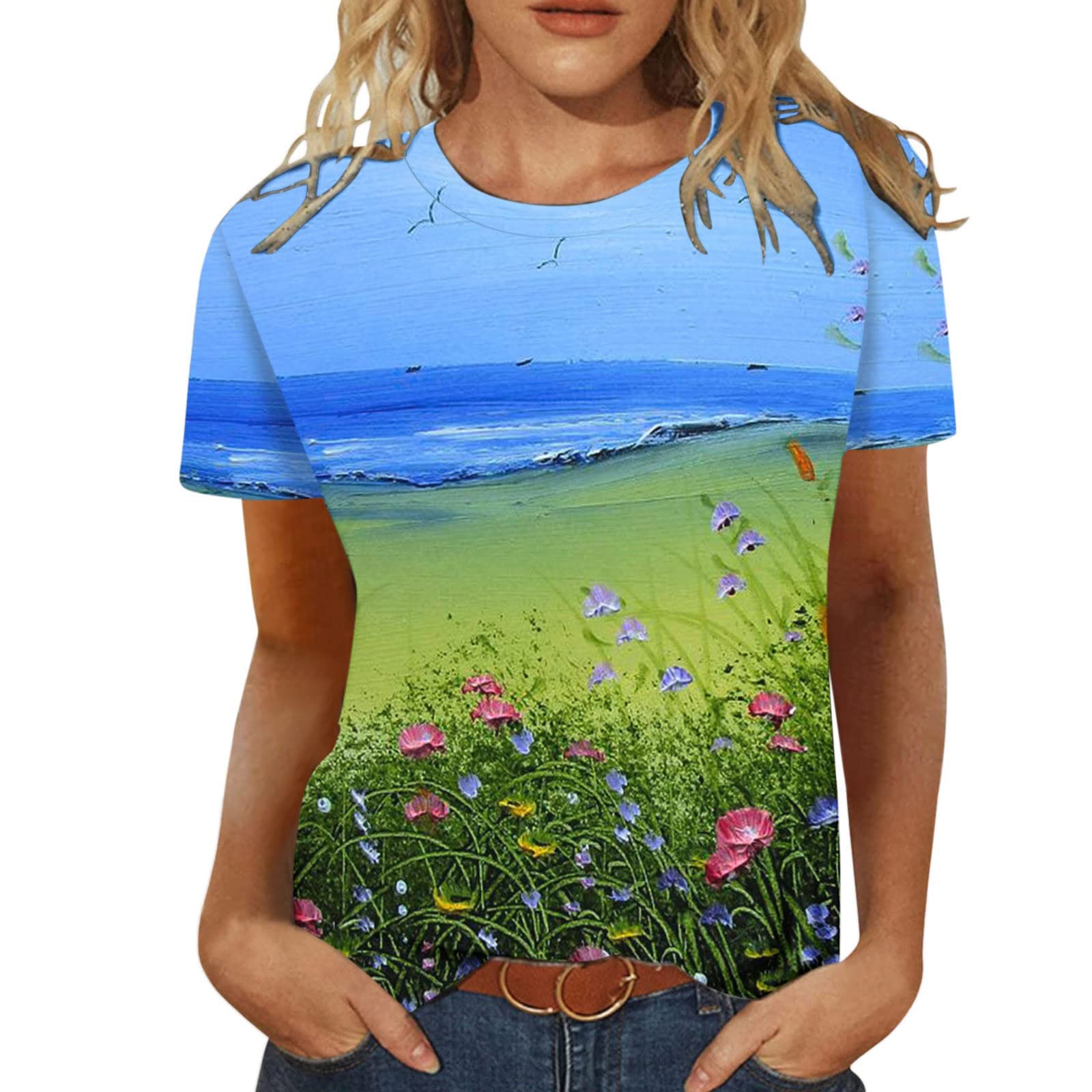 Women's Summer Tops & Blouses - Scenic Print Tunic Short Sleeve Crew Neck T-Shirts | Dressy Casual Tees for Work, Date Night & Vacation
