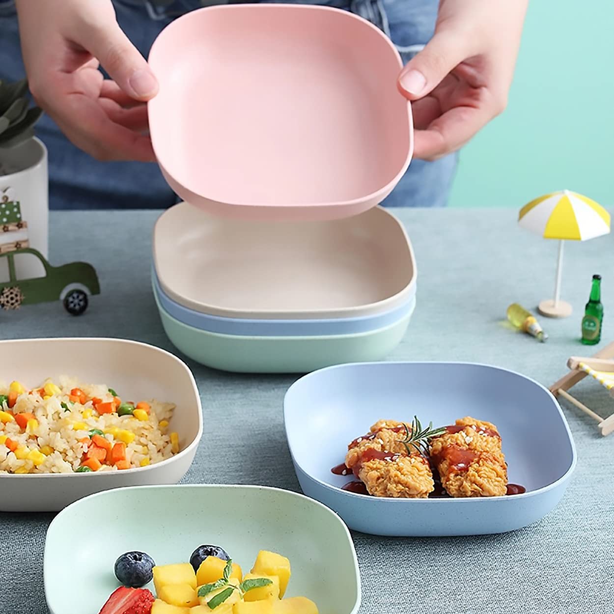 8-Piece Square Wheat Straw Dinner Plates Set – 5.7 Inch Unbreakable Eco-Friendly Tableware for Noodles, Rice, Fruits, Cereal, Desserts & Salads | Microwave & Dishwasher Safe | Perfect for Picnics, Parties & Everyday Dining
