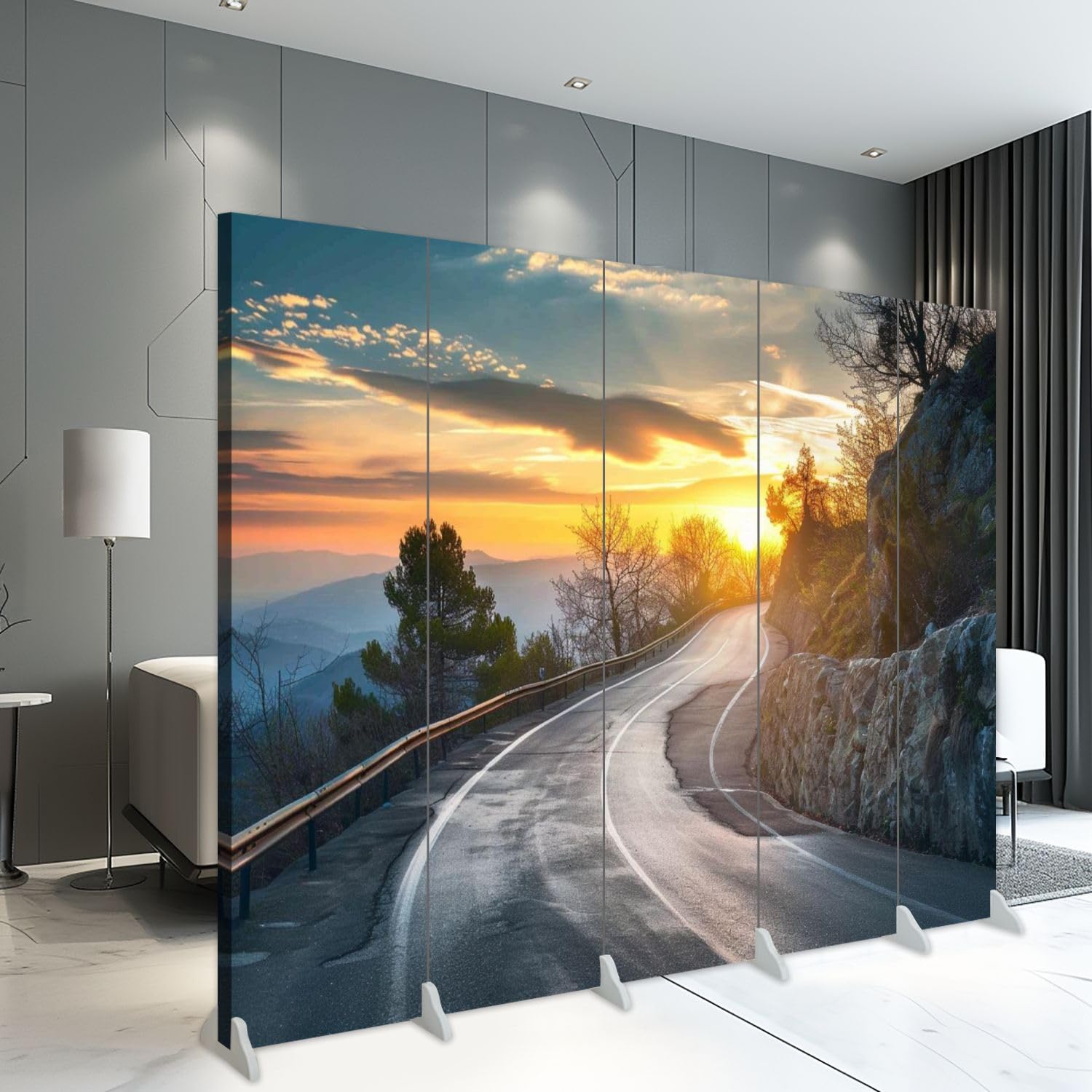 5-Panel Folding Room Divider - Mountain Road Landscape with Sunny Sky & Clouds Canvas Print - Freestanding Privacy Partition for Bedroom, Office & Living Room - Indoor Protective Screen & Space Separator