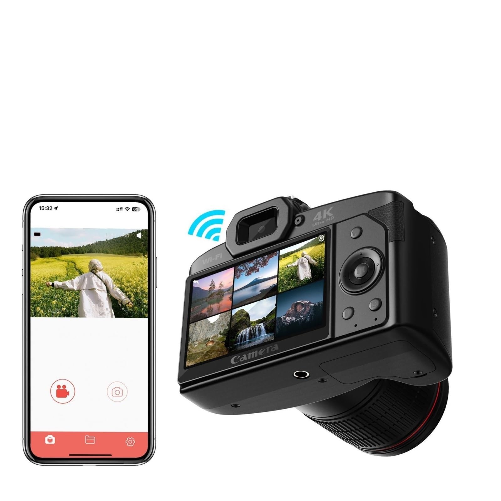 4K HD WiFi DSLR Camera with Dual Lens & 64MP Beauty Mode - Night Vision Video Camera with Microphone (D5 Model) for Vlogging, Travel & Low-Light Photography