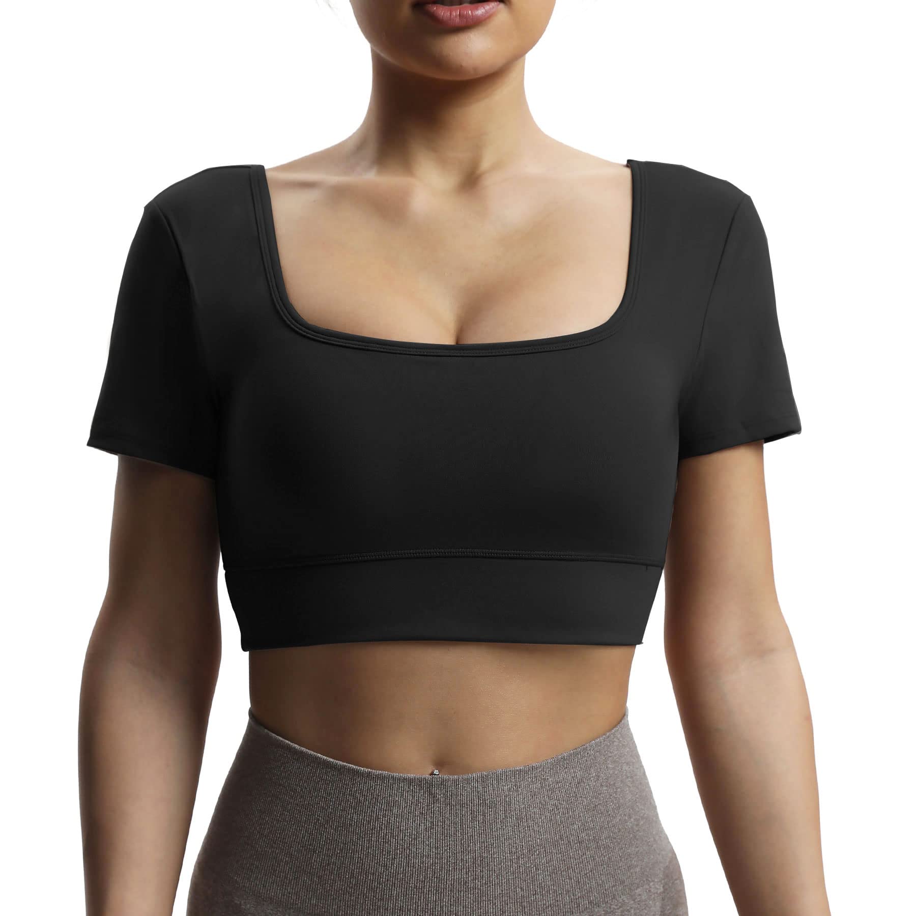 Aoxjox Women's Short Sleeve Crop Top - Square Neck V-Back Workout Shirt for Yoga, Running & Gym | Trendy Longline Cropped T-Shirt for Summer & Casual Wear