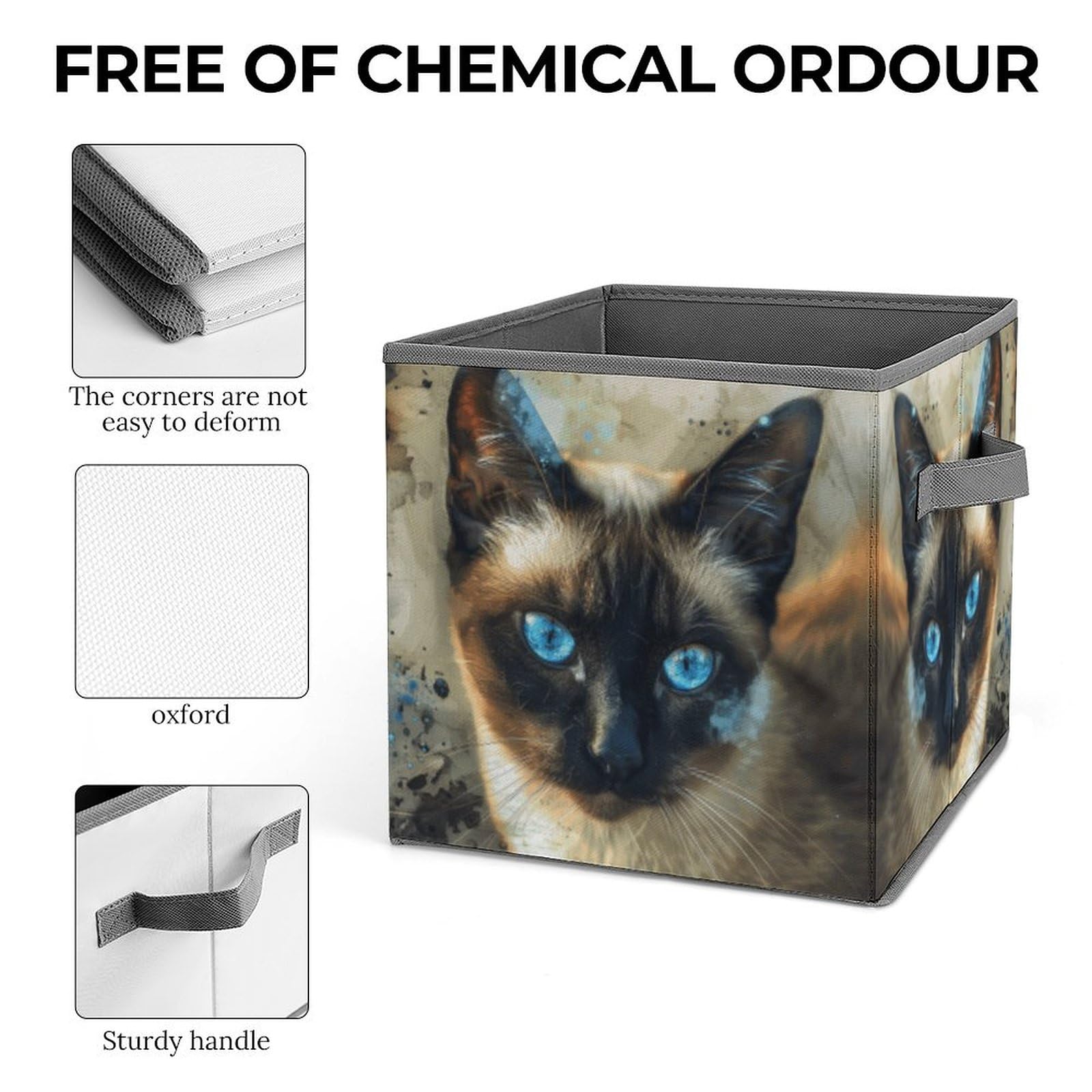 Collapsible Storage Cubes with Handles - 10.6×10.6 Inch Foldable Fabric Bins for Home Organization | Siamese Cat Printed Design | Perfect for Closet, Nursery, Office & Laundry Room Storage