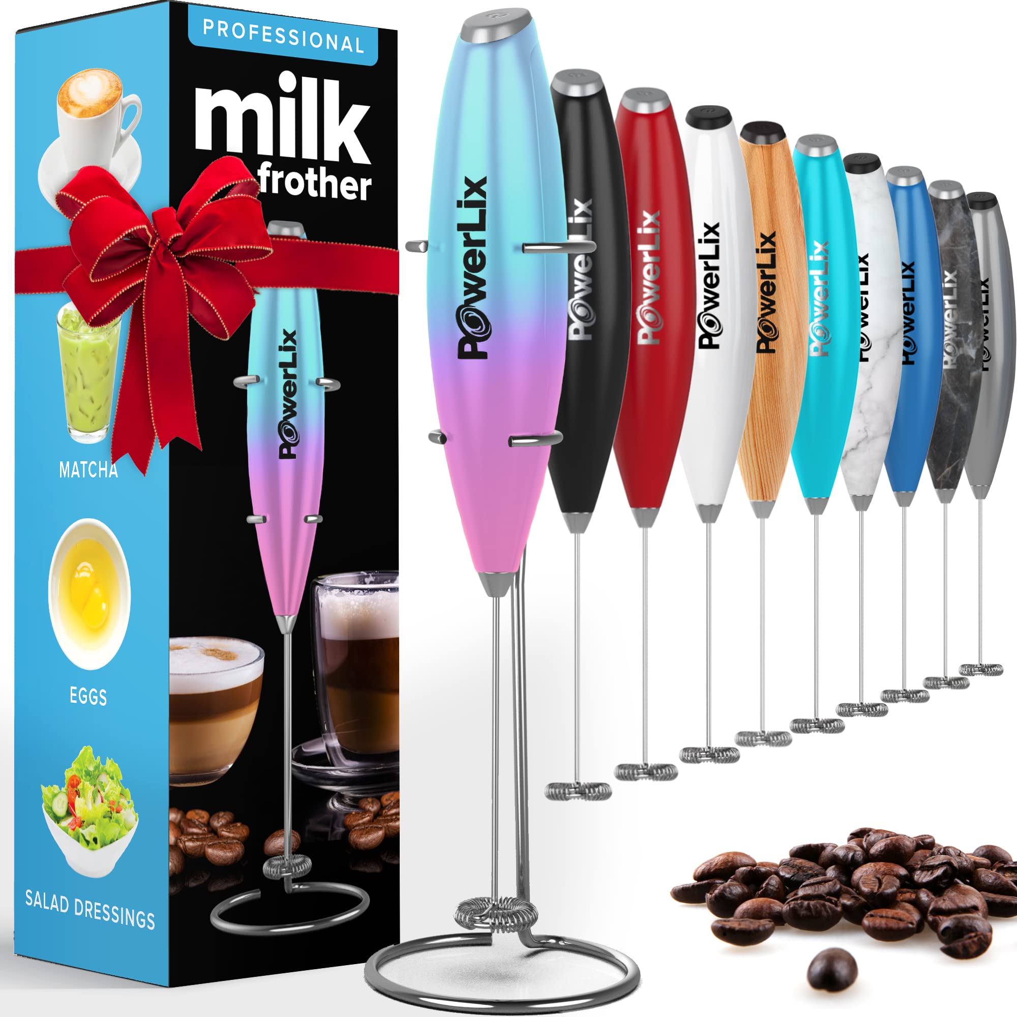 PowerLix Handheld Milk Frother - Battery Operated Foam Maker for Coffee, Latte, Cappuccino & Hot Chocolate - Includes Stand & Whisk - Perfect for Home, Office & Travel (Black/Unicorn)