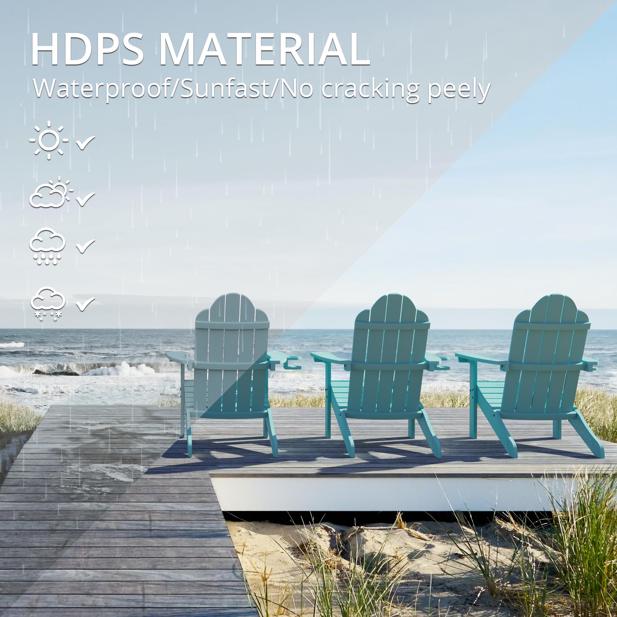 Premium LUE BONA HDPS Adirondack Chairs Set of 8 - Weather-Resistant Outdoor Plastic Chairs with Cup Holder & 350LB Capacity - Modern Patio, Deck & Porch Furniture in Blue Turquoise - Perfect for Backyard, Garden & Poolside Relaxation