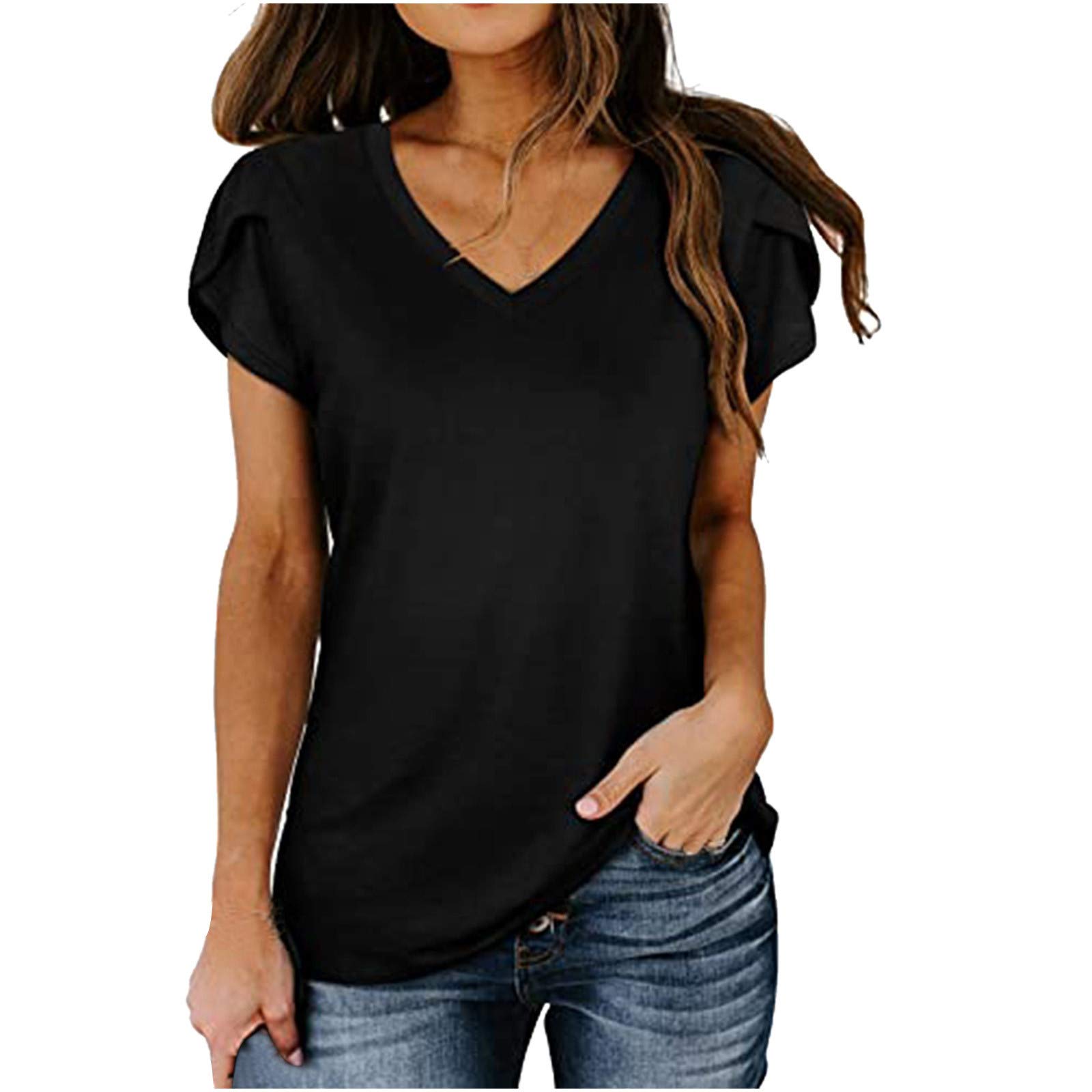 Women's Casual V-Neck Short Sleeve Blouse - Flowy Loose Fit Summer T-Shirt with Petal Design, Solid Color Tops for Dressy Occasions | Perfect for Office Wear, Date Nights & Summer Outings