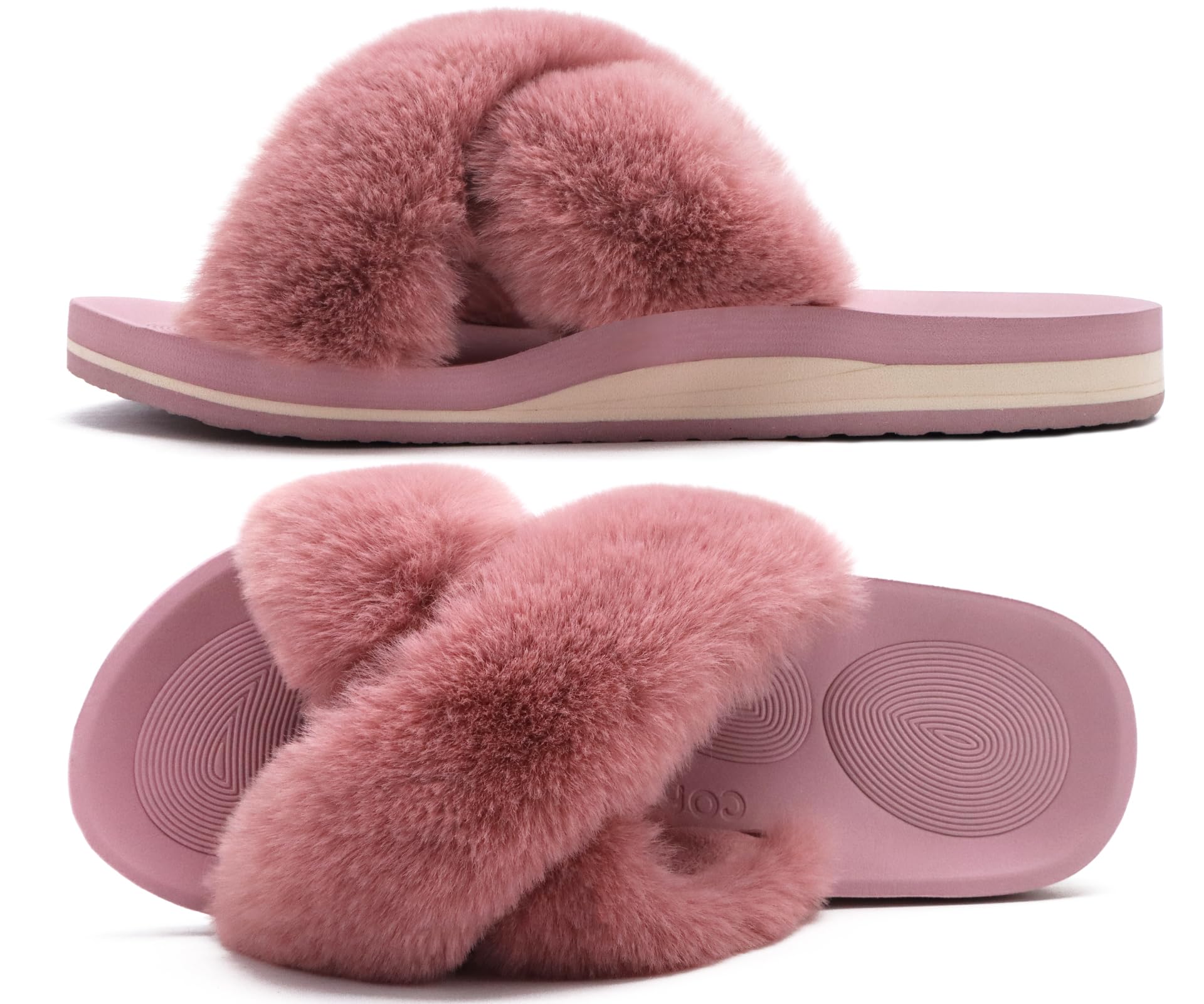COFACE Women's Fuzzy Slides - Fluffy Faux Fur House Slippers with Arch Support, Open Toe Sandals for Indoor/Outdoor Wear | Perfect for Yoga, Lounging & Home Comfort