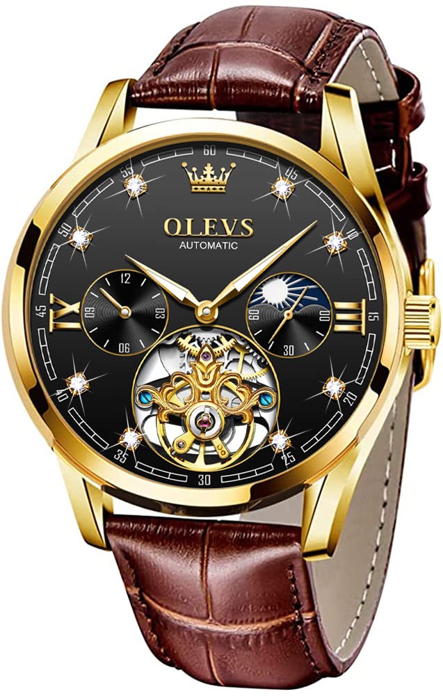 OLEVS Men's Luxury Automatic Mechanical Skeleton Watch with Tourbillon & Diamond - Self-Winding Dress Wristwatch, Moon Phase, Waterproof & Luminous - Perfect for Business, Formal Events & Gift Giving
