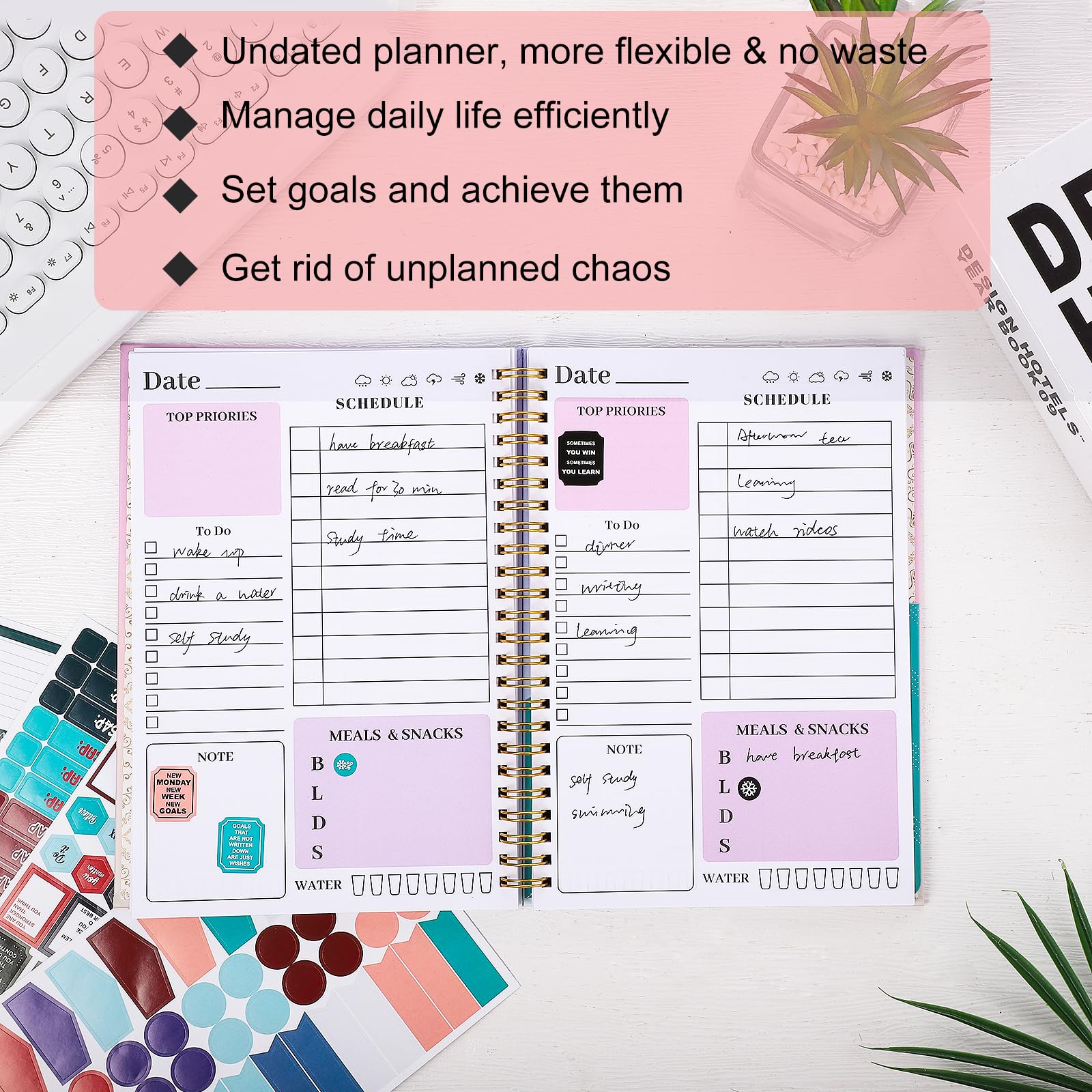 2025 Undated Daily Planner Notebook - A5 To Do List Organizer with 160 Pages & 219 Stickers | Weekly & Monthly Planner for Teachers, Students, Gym, Work & Budget Tracking | Perfect for Productivity, Goal Setting & Time Management