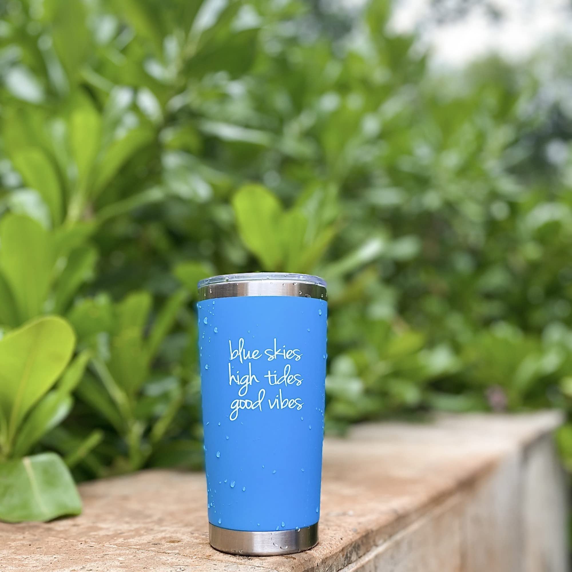 Blue Skies High Tides 20 oz Tumbler - Light Blue Beach & Lake Travel Mug, Tropical Vacation Gift for Beach Days, Lake Getaways, and Outdoor Adventures