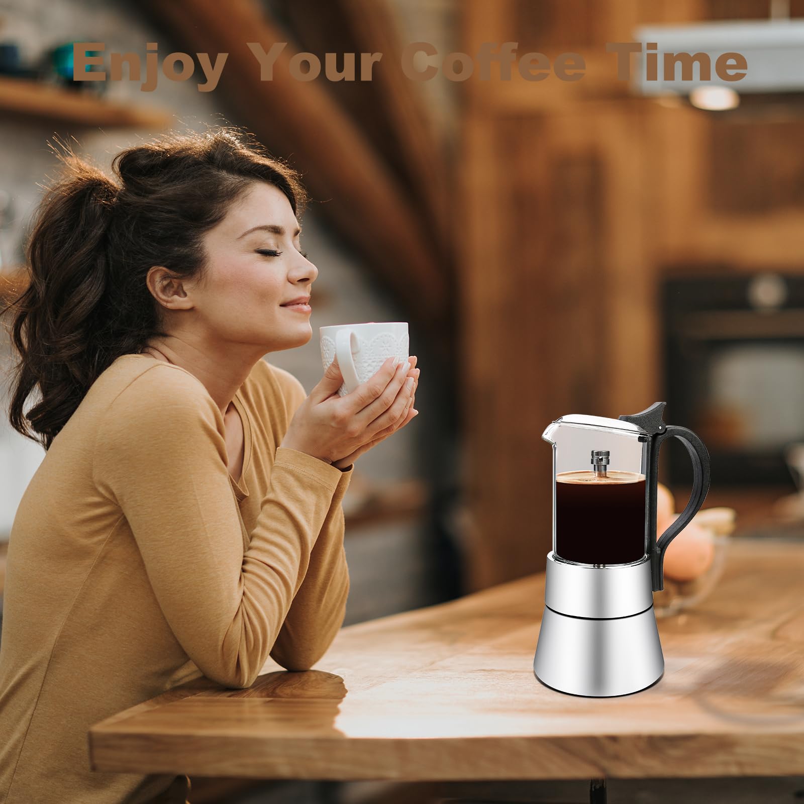 Premium 304 Stainless Steel Moka Pot - 6.6oz Stovetop Espresso Maker for Rich Italian Coffee | Durable Espresso Machine for Home, Office & Camping | Perfect for Coffee Lovers & Outdoor Adventures (200ml Capacity, Black)