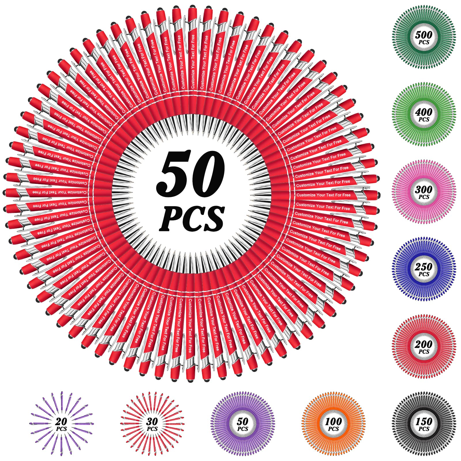 500 Pcs Custom Engraved Pens Bulk - Personalized Ballpoint Pens with Stylus Tip for Office, School & Business - Free Name & Text Engraving - Great for Graduation Gifts, Corporate Events & Anniversaries (50 Packs)