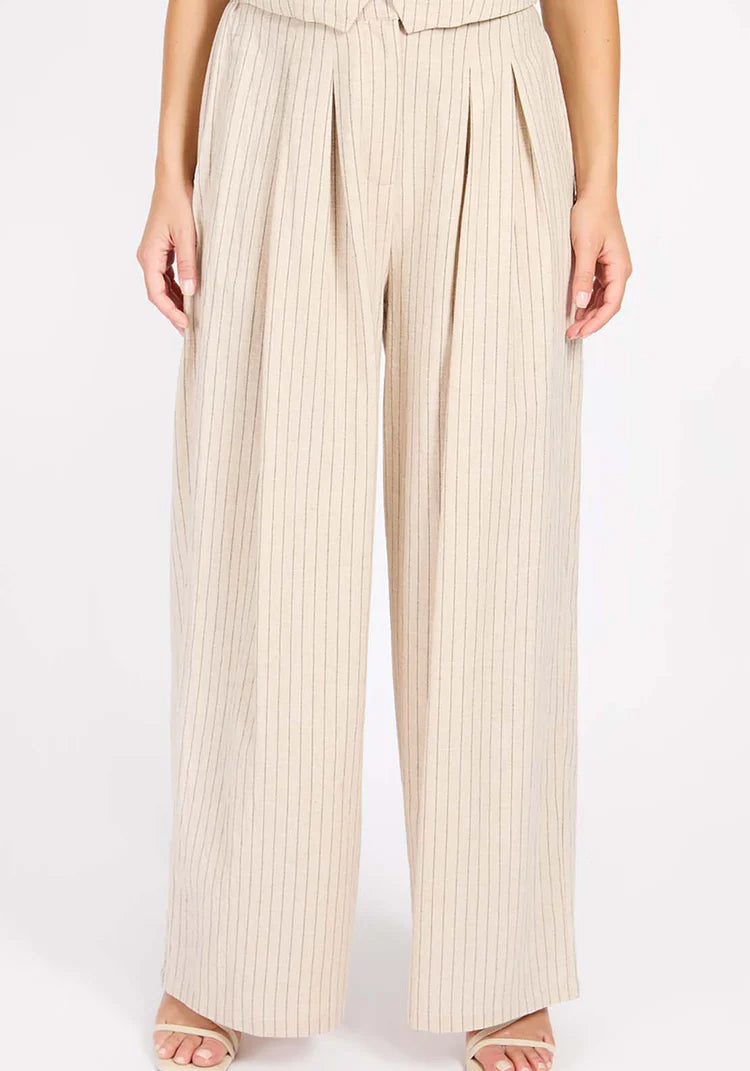 Logan Striped Linen Blend Trousers for Women - Comfortable Oatmeal & Black Casual Pants - Perfect for Office, Travel and Summer Outfits