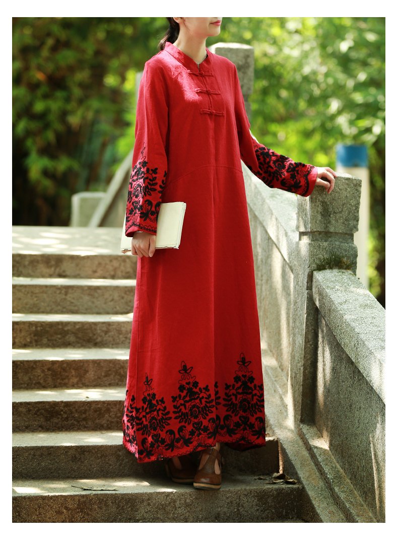 Elegant Women's Floral Embroidered Chinese Style Long Sleeve Maxi Dress - Perfect for Casual Wear, Parties, and Special Occasions
