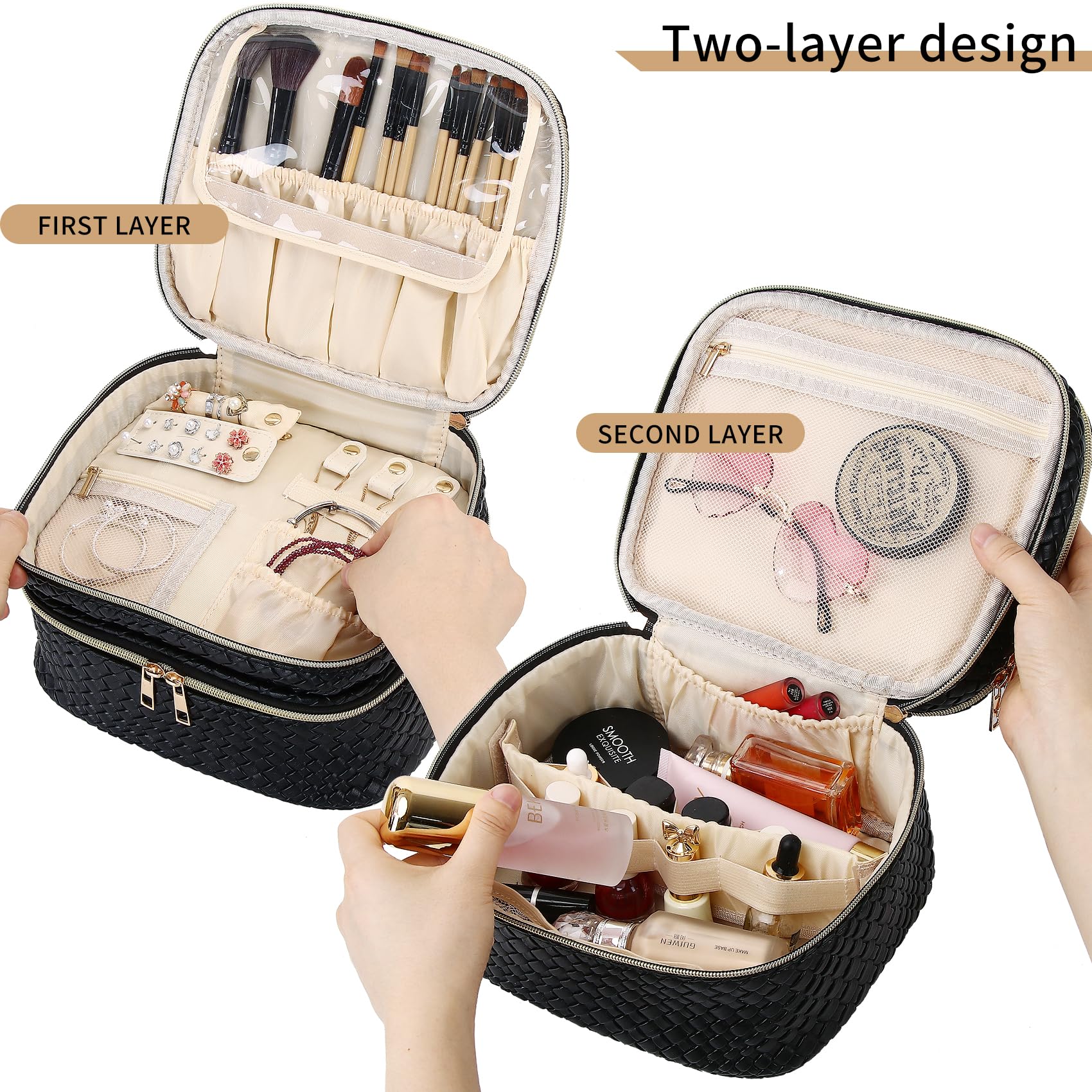 Waterproof Double Layer Travel Makeup Bag for Women with Jewelry Organizer - Large Portable Cosmetic & Toiletry Storage Box (Black) - Perfect for Vacation, Business Trips & Daily Organization
