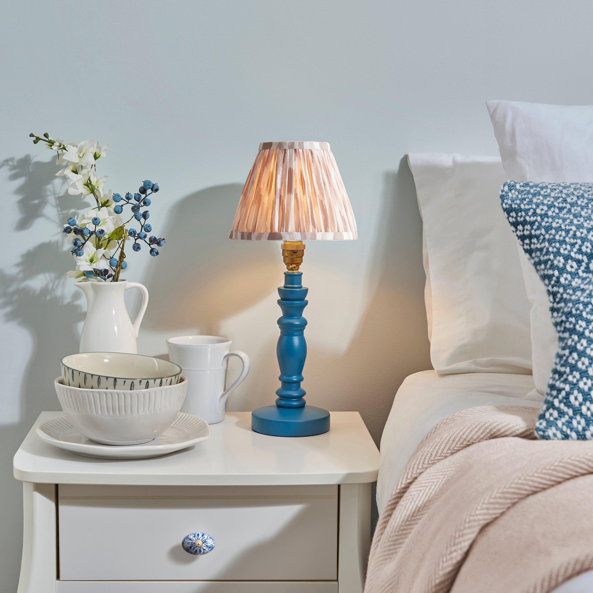 Bibury Blue Table Lamp with Ikat 16cm Neutral Shade - Modern Home Office & Bedroom Lighting Decor