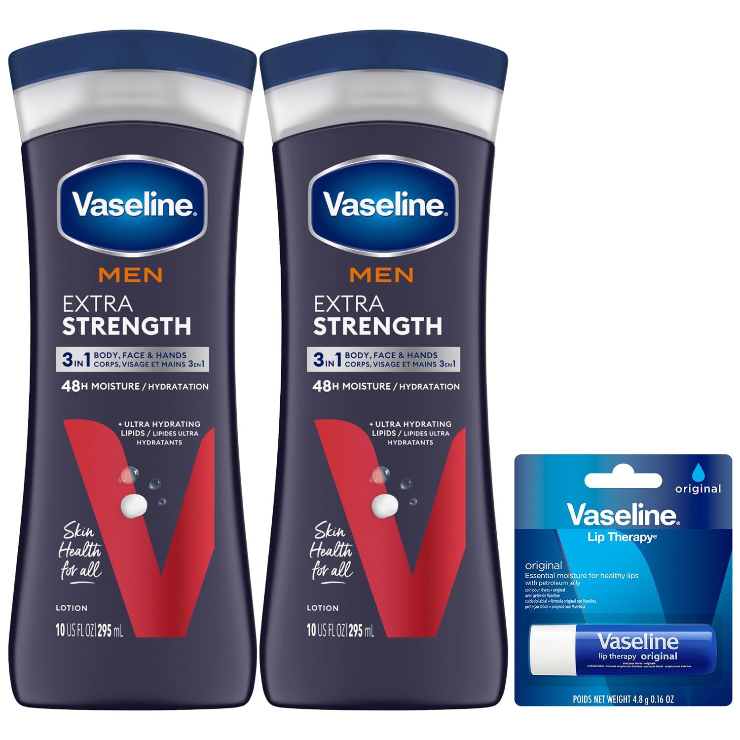 Vaseline Men's 3-in-1 Extra Strength Lotion for Face, Hands & Body + Original Lip Therapy with Petroleum Jelly - 3 Piece Set for Dry Skin Care & Daily Moisturizing