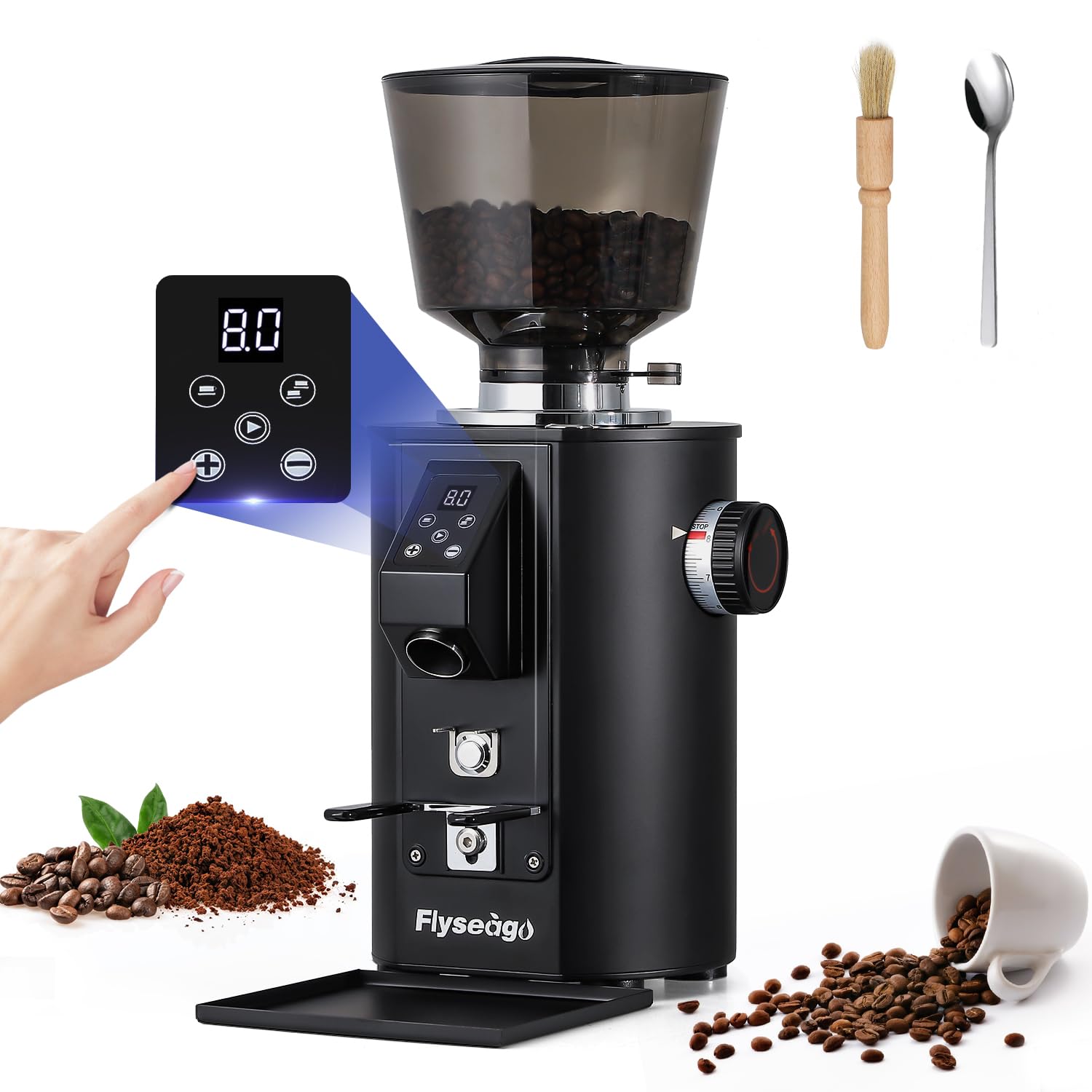 400W Commercial Electric Flat Burr Coffee Grinder - 8 Precise Settings for Espresso, Drip & French Press - Large 35.27oz Hopper & Grounds Tray - Perfect for Cafes, Restaurants & Home Baristas (Black)