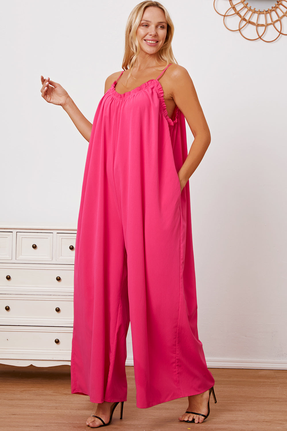 Plus Size Ruffle Trim Tie Back Cami Jumpsuit with Pockets - Women's Casual Summer Romper for Beach, Vacation & Date Night Outfits