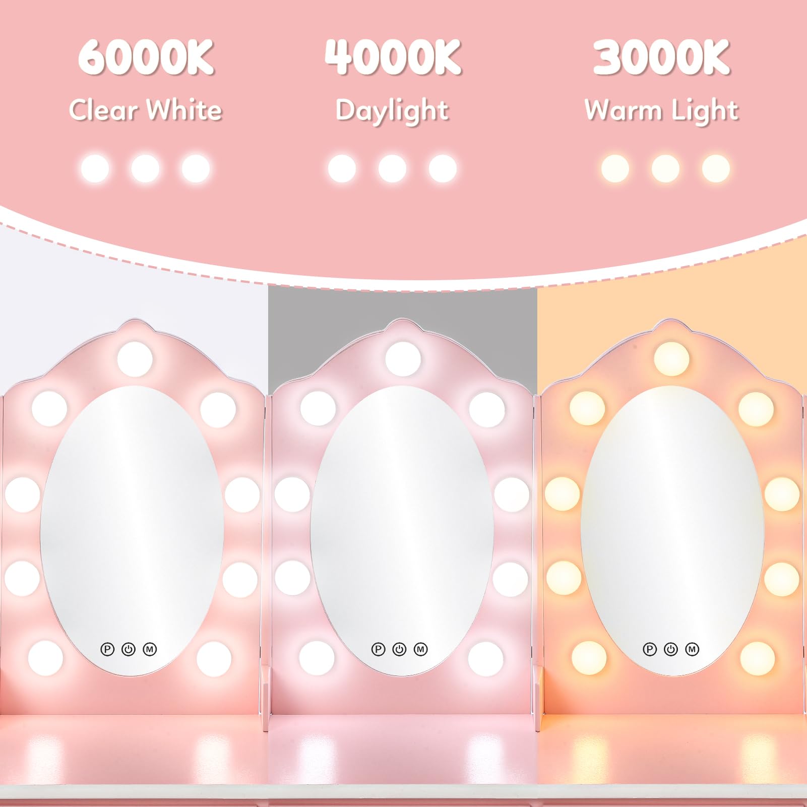 Kids Vanity Set with 3 Mirrors & Drawer - Wooden Makeup Playset with Lights for Girls Ages 4-9 | Pretend Play Dress-Up Toy | Birthday Gift for Toddlers & Preschoolers (Pink)